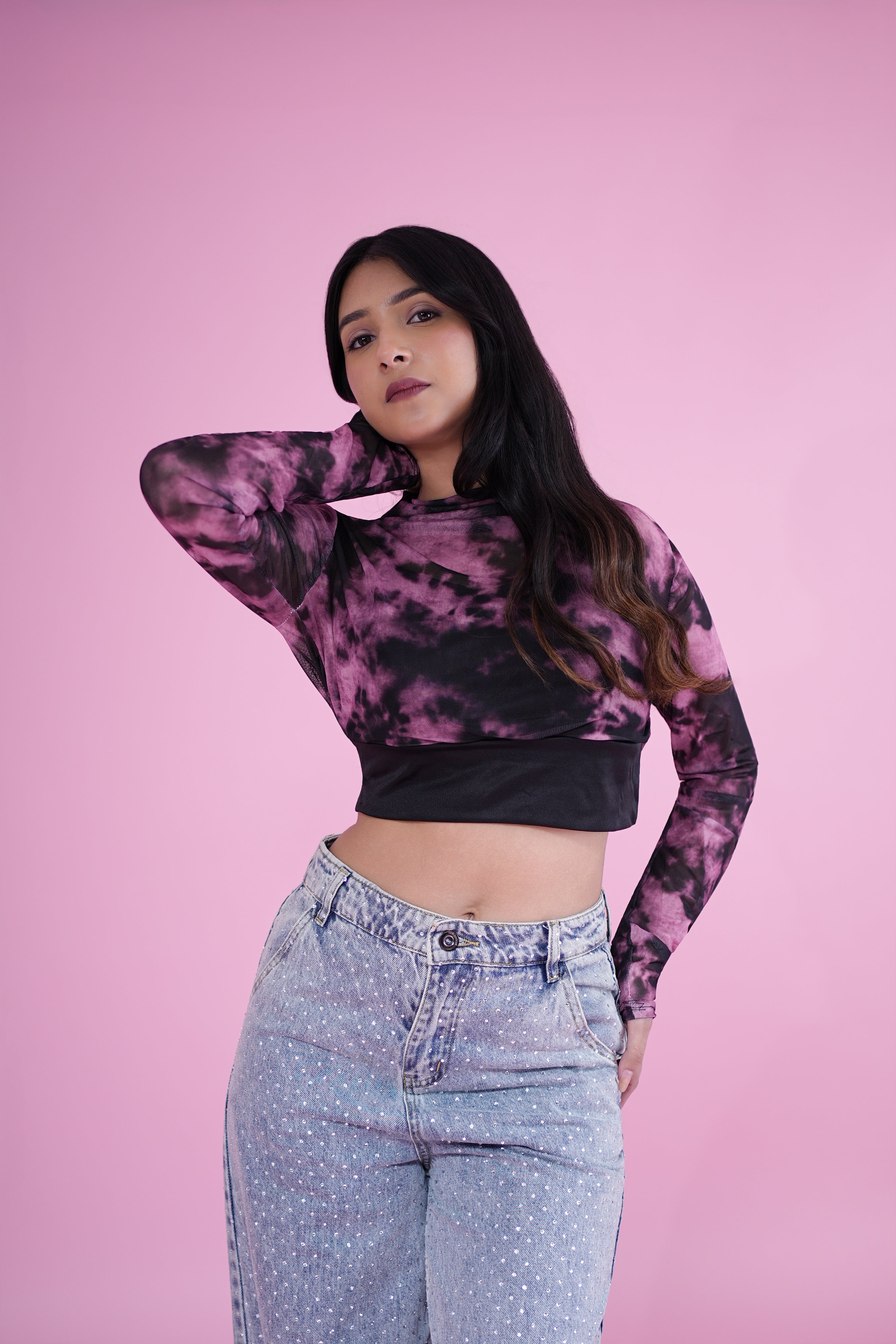 Galaxy Swirl Mesh Crop Top – Purple & Black