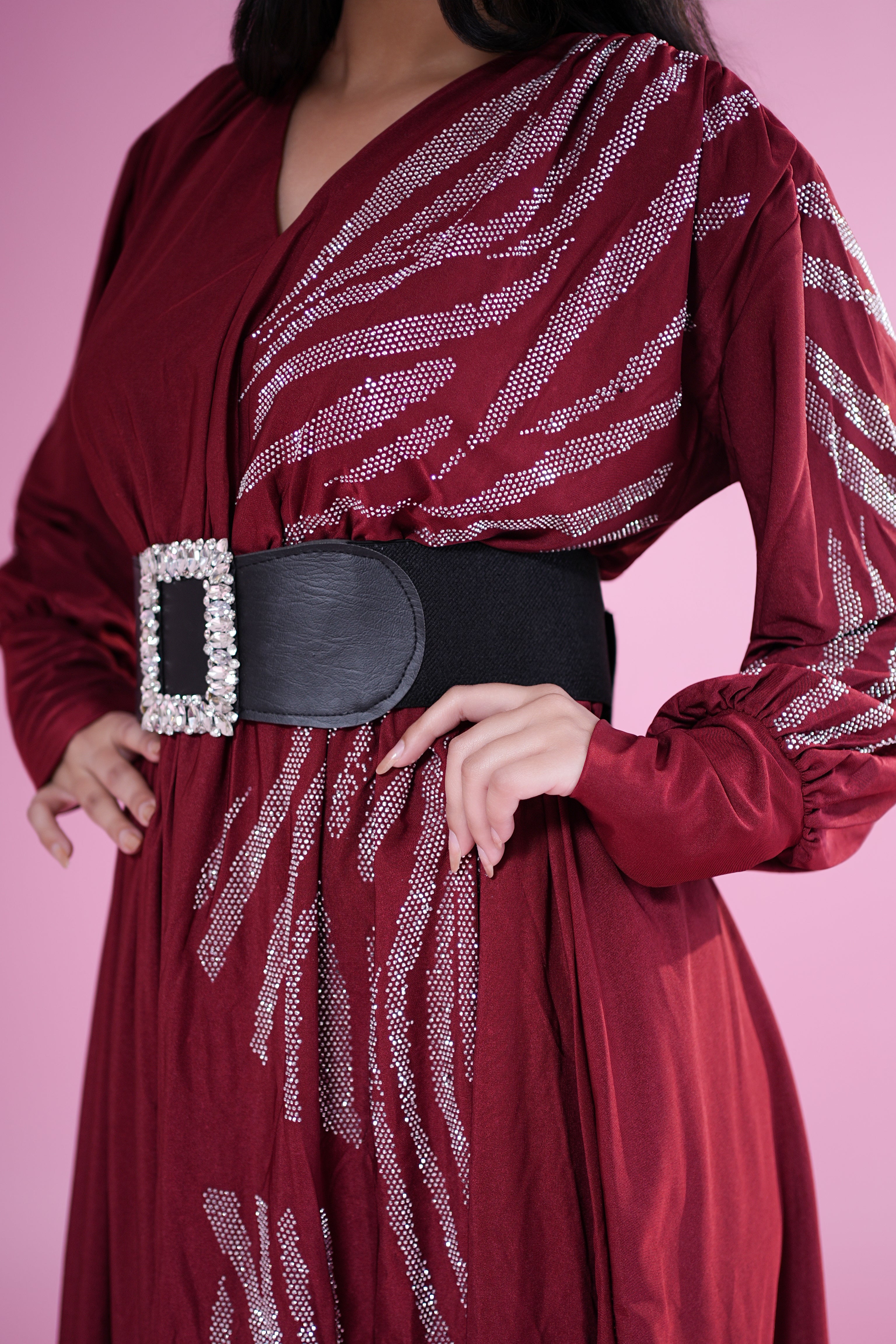 Maroon Embellished One-Sleeve Midi Dress with Belt
