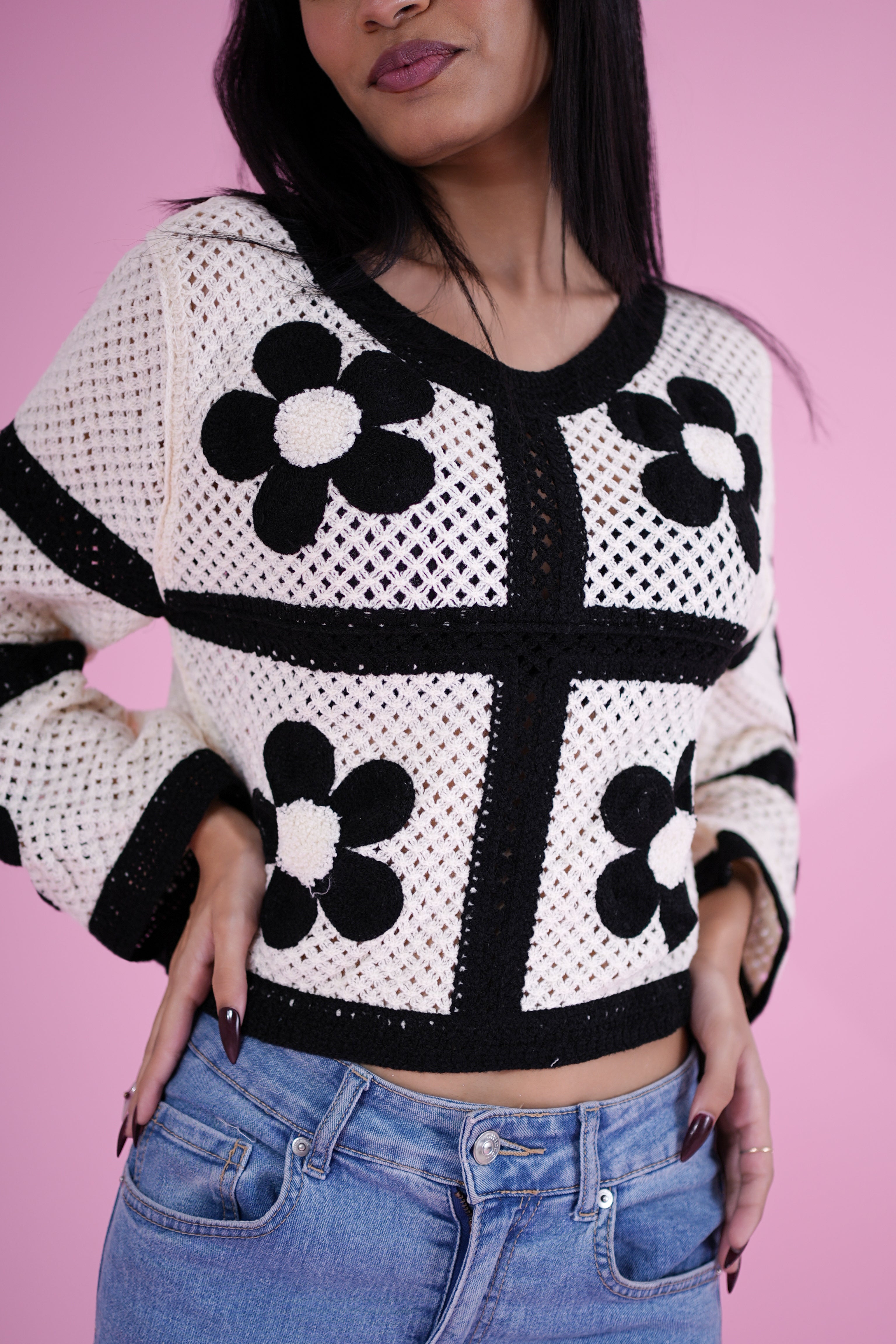 Monochrome Crochet Flower Top – Black & White