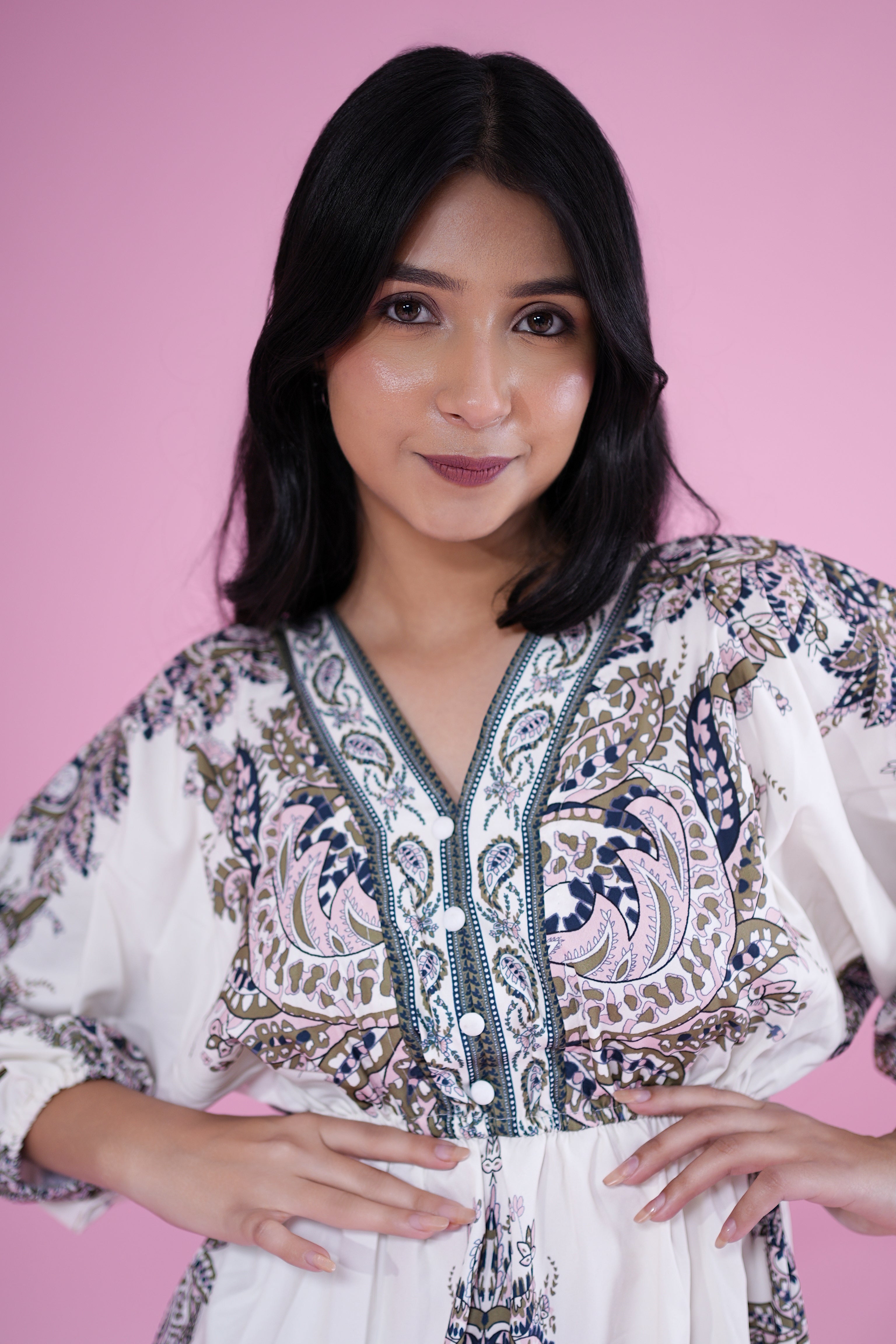 Boho Breeze Printed Peplum Top – White & Olive