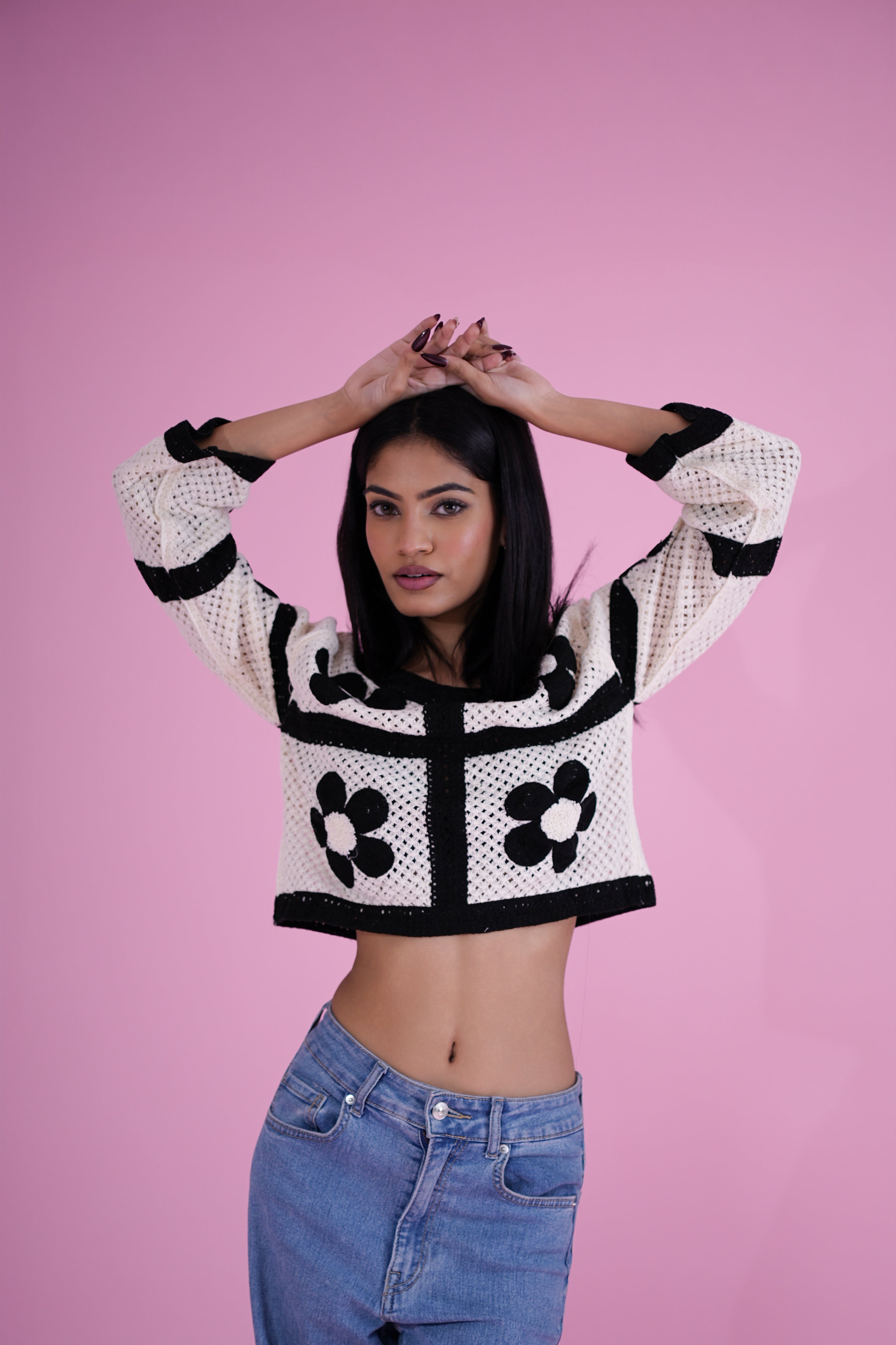 Monochrome Crochet Flower Top – Black & White