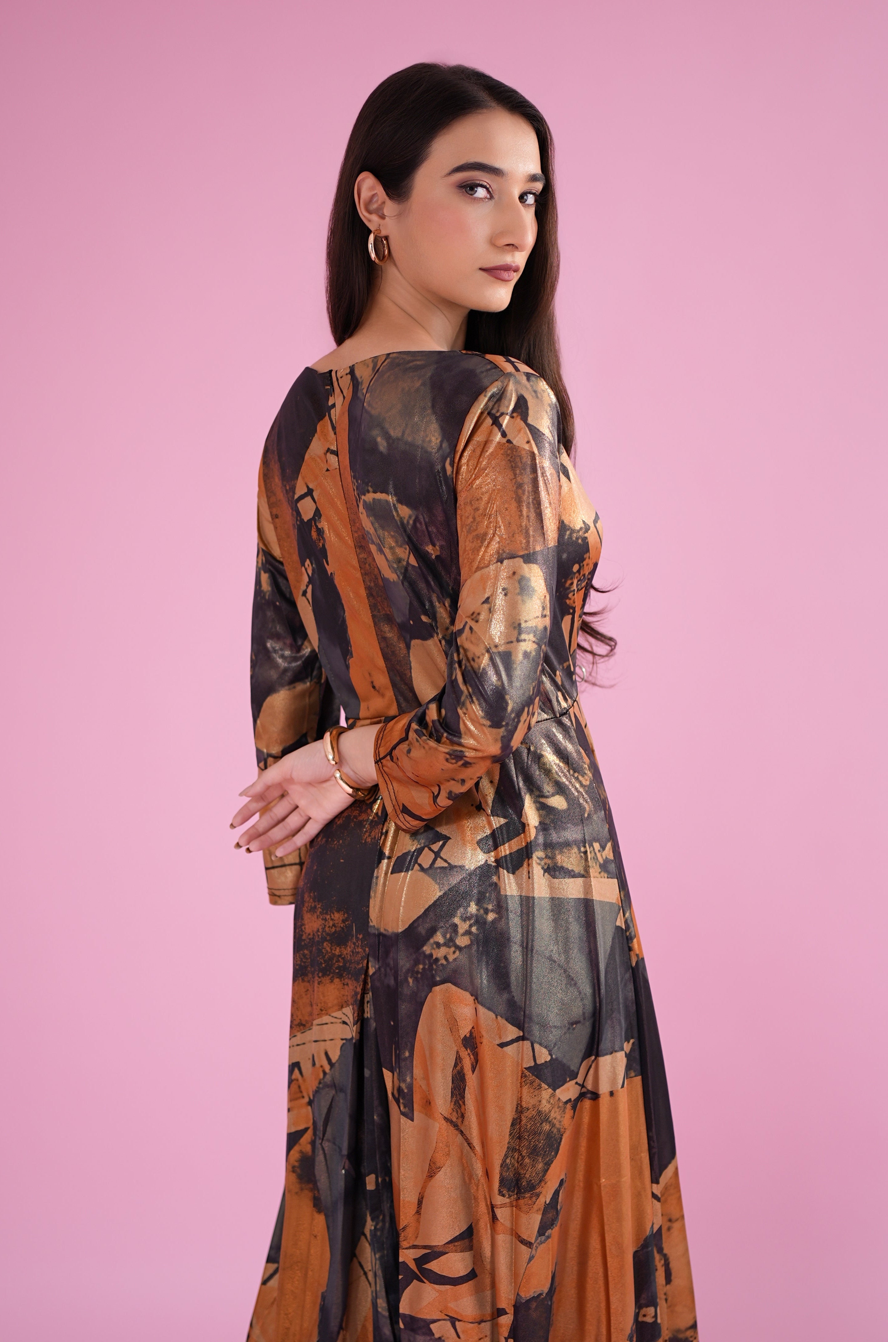 Rust Abstract Printed Premium Flared Midi Dress