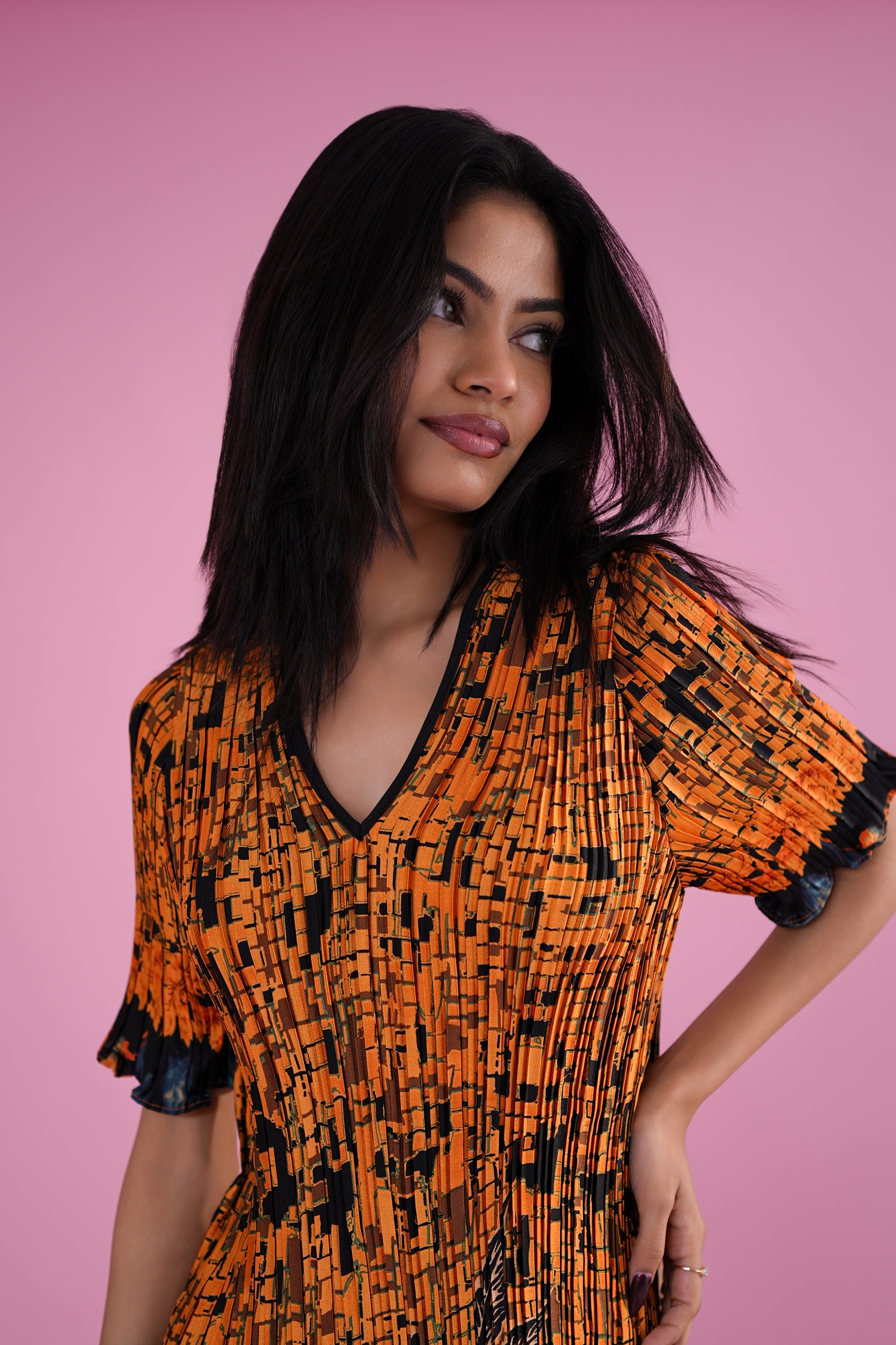 Sunset Mosaic Pleated Midi Dress