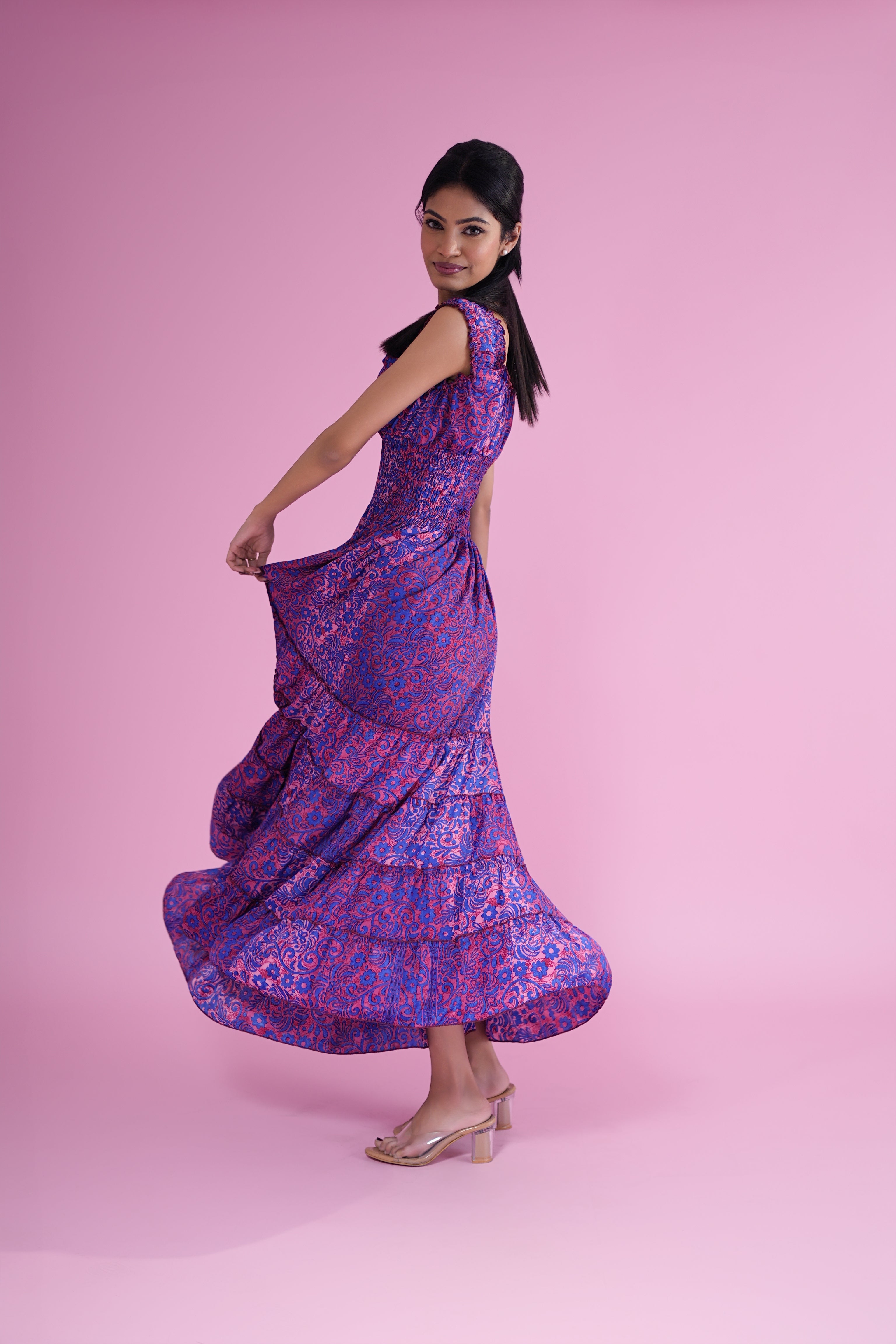 Purple & Pink Boho Printed Smocked Maxi Dress