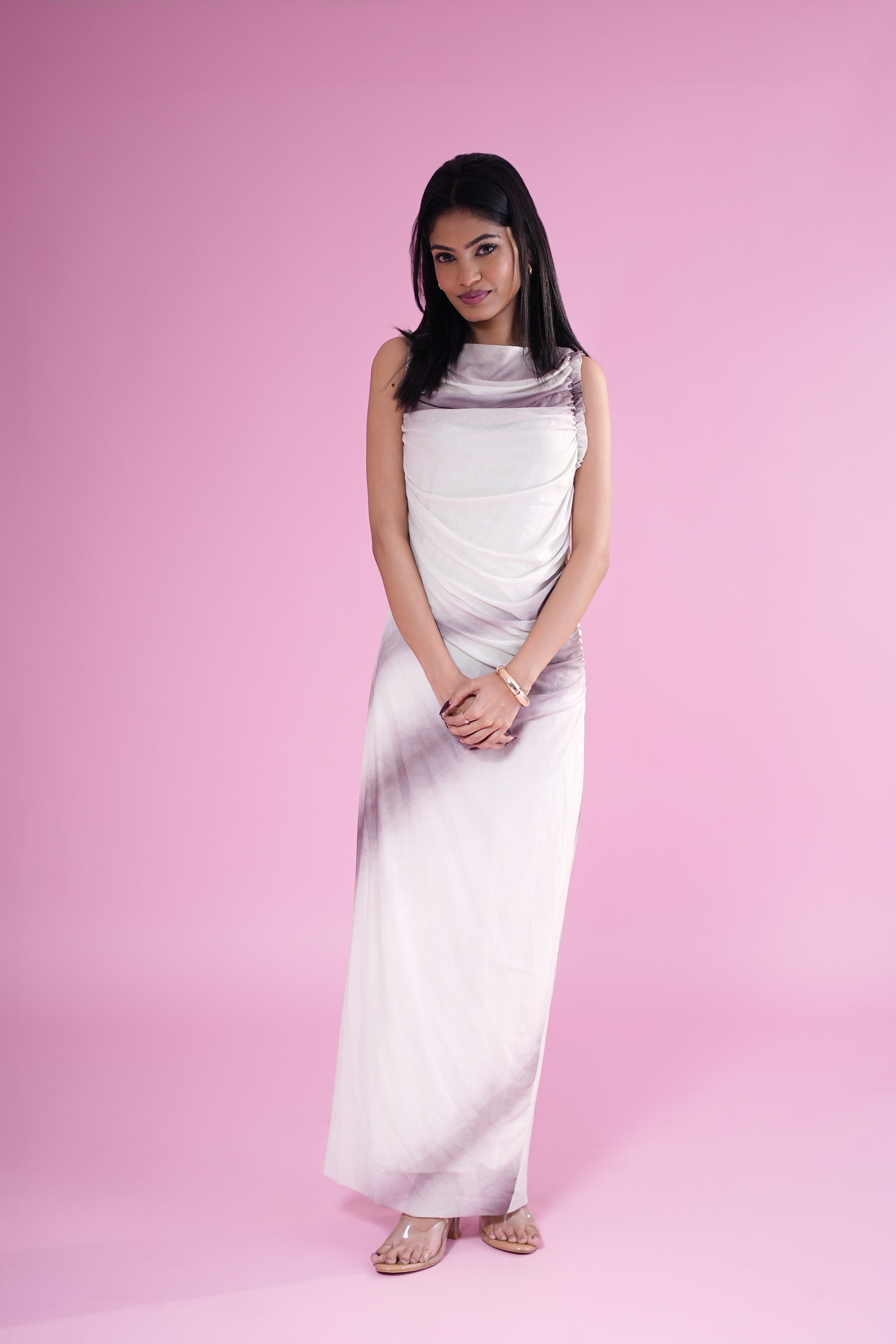 Ethereal Mist Draped Ombre Gown