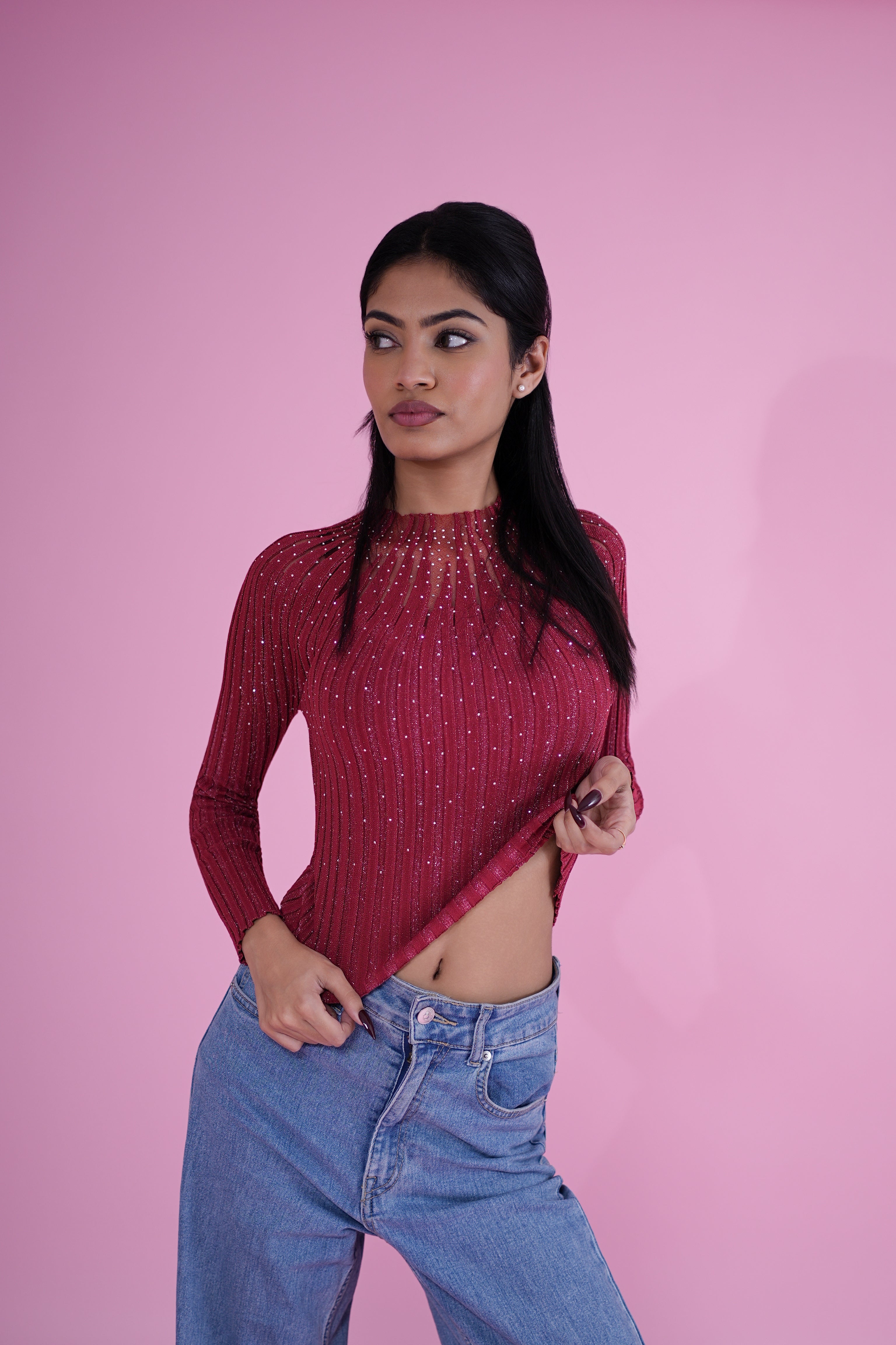 Ruby Shimmer Ribbed Knit Top – Maroon