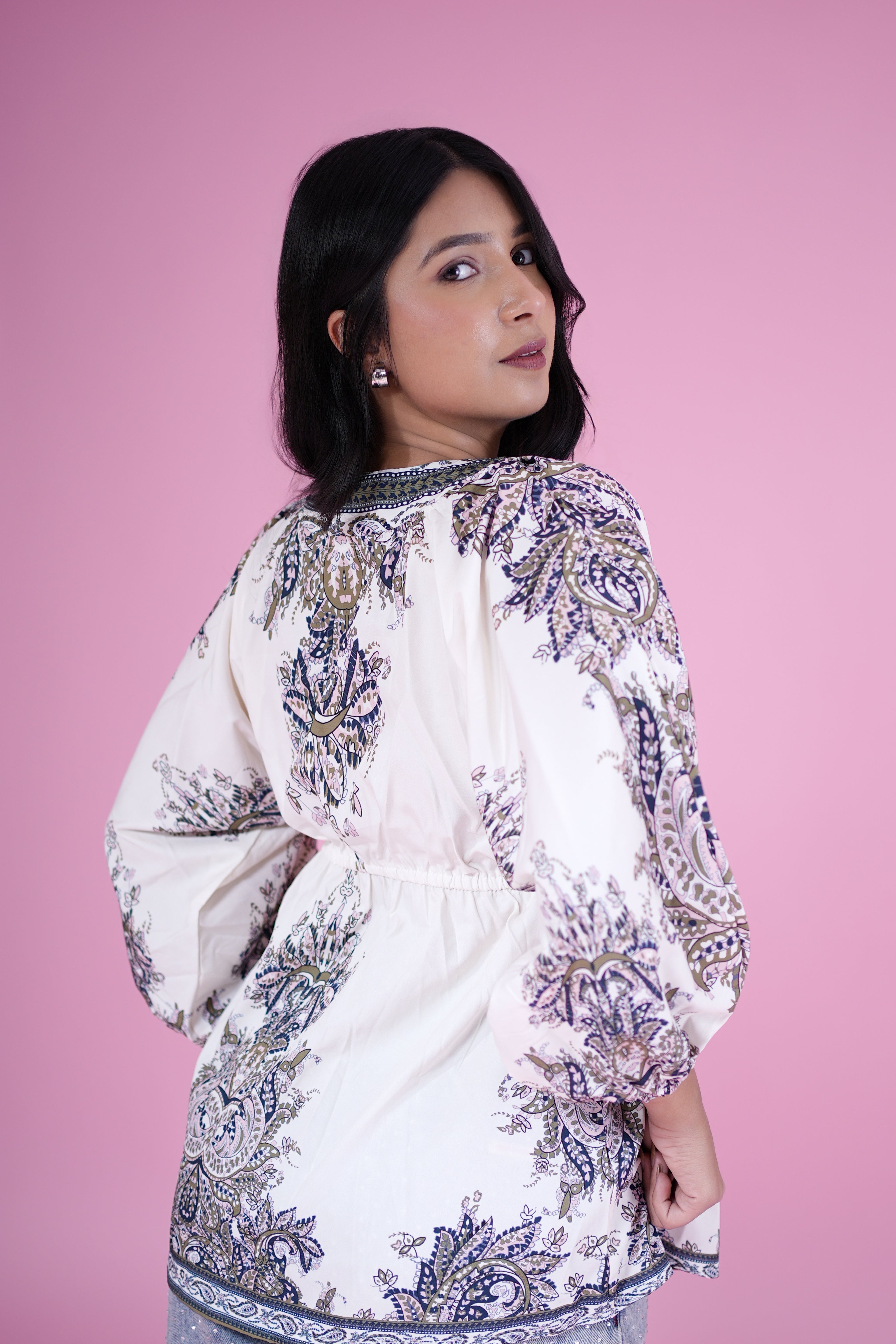 Boho Breeze Printed Peplum Top – White & Olive