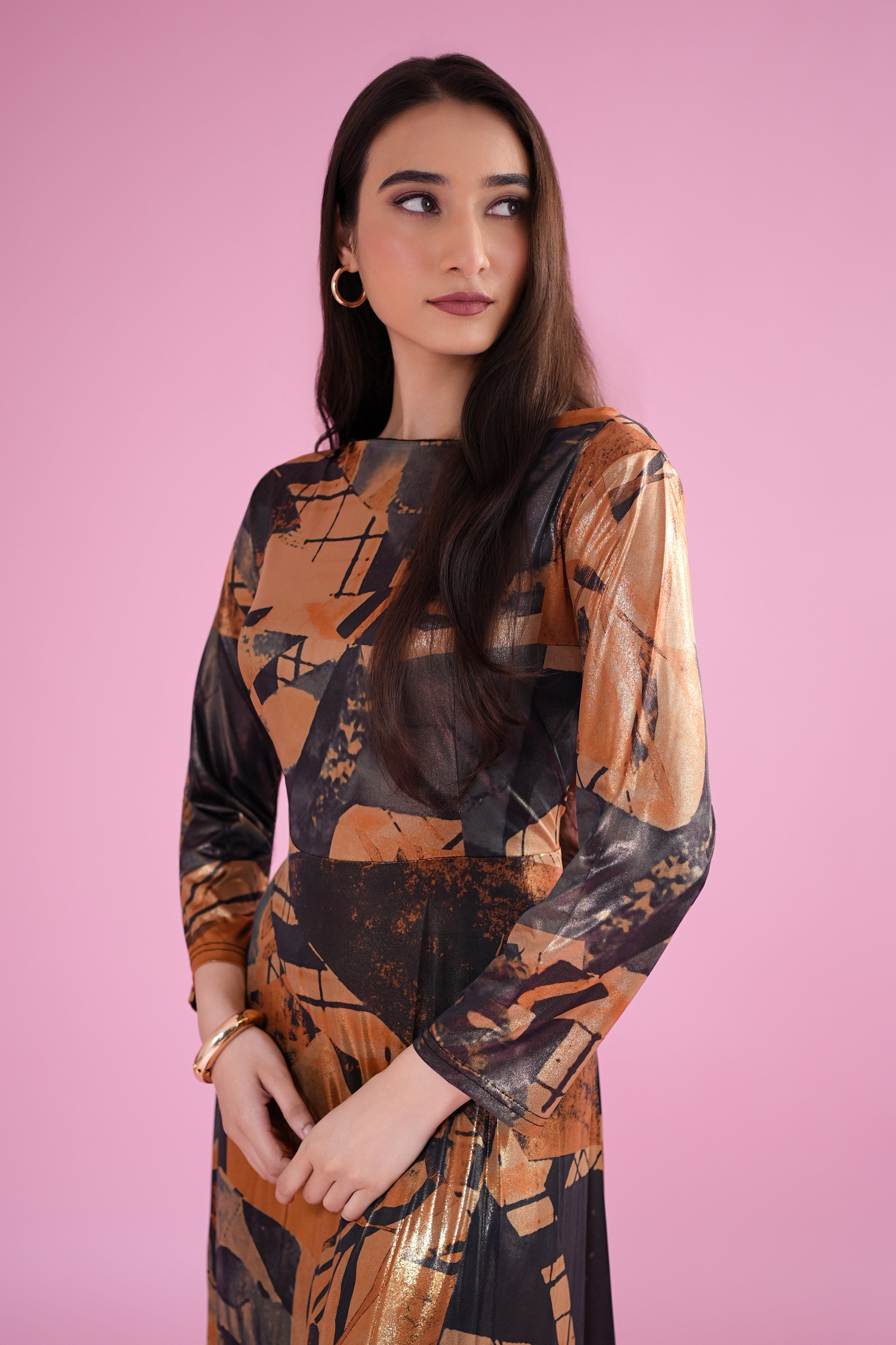 Rust Abstract Printed Premium Flared Midi Dress