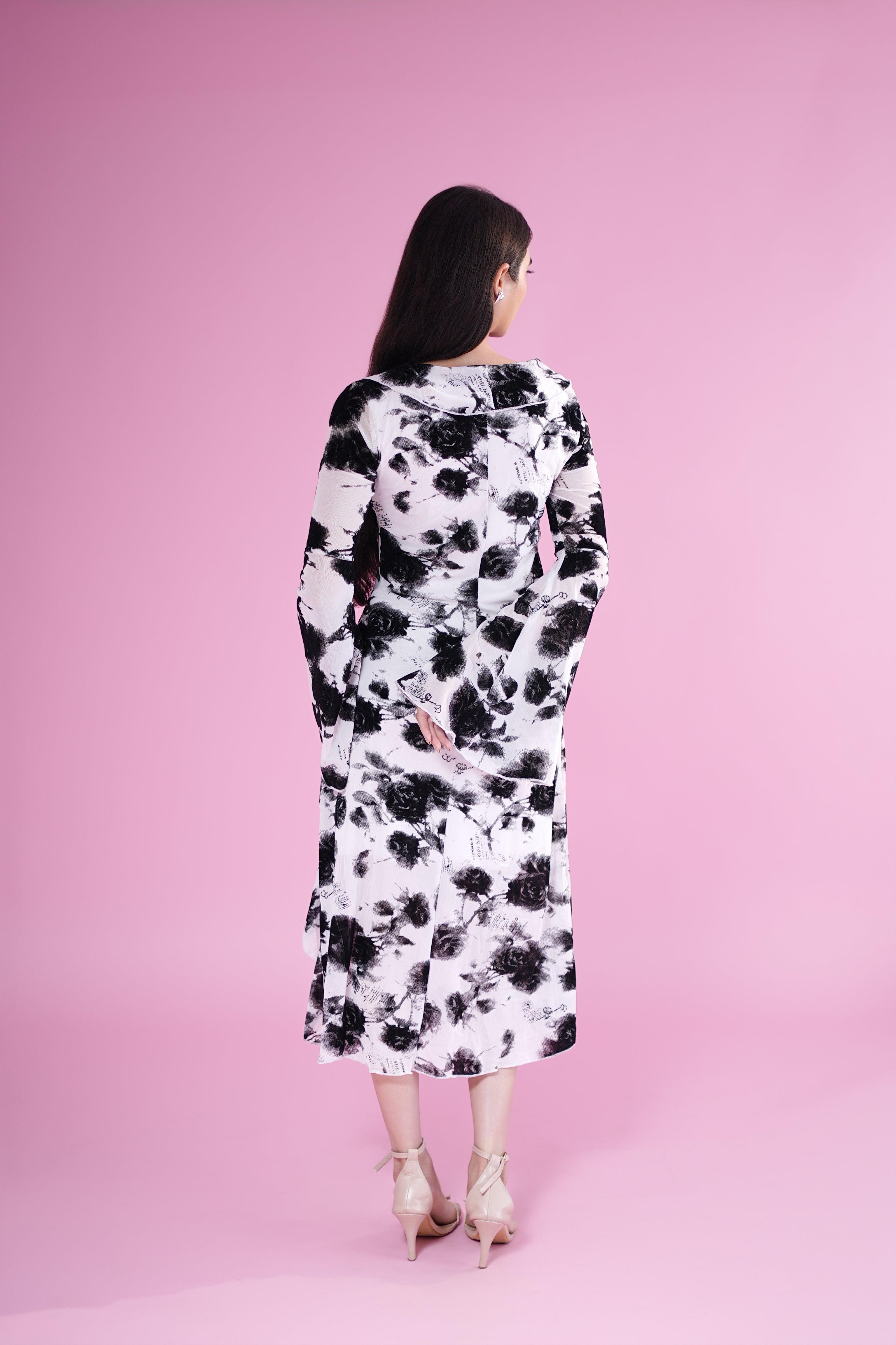 Monochrome Bloom Ruffle Midi Dress