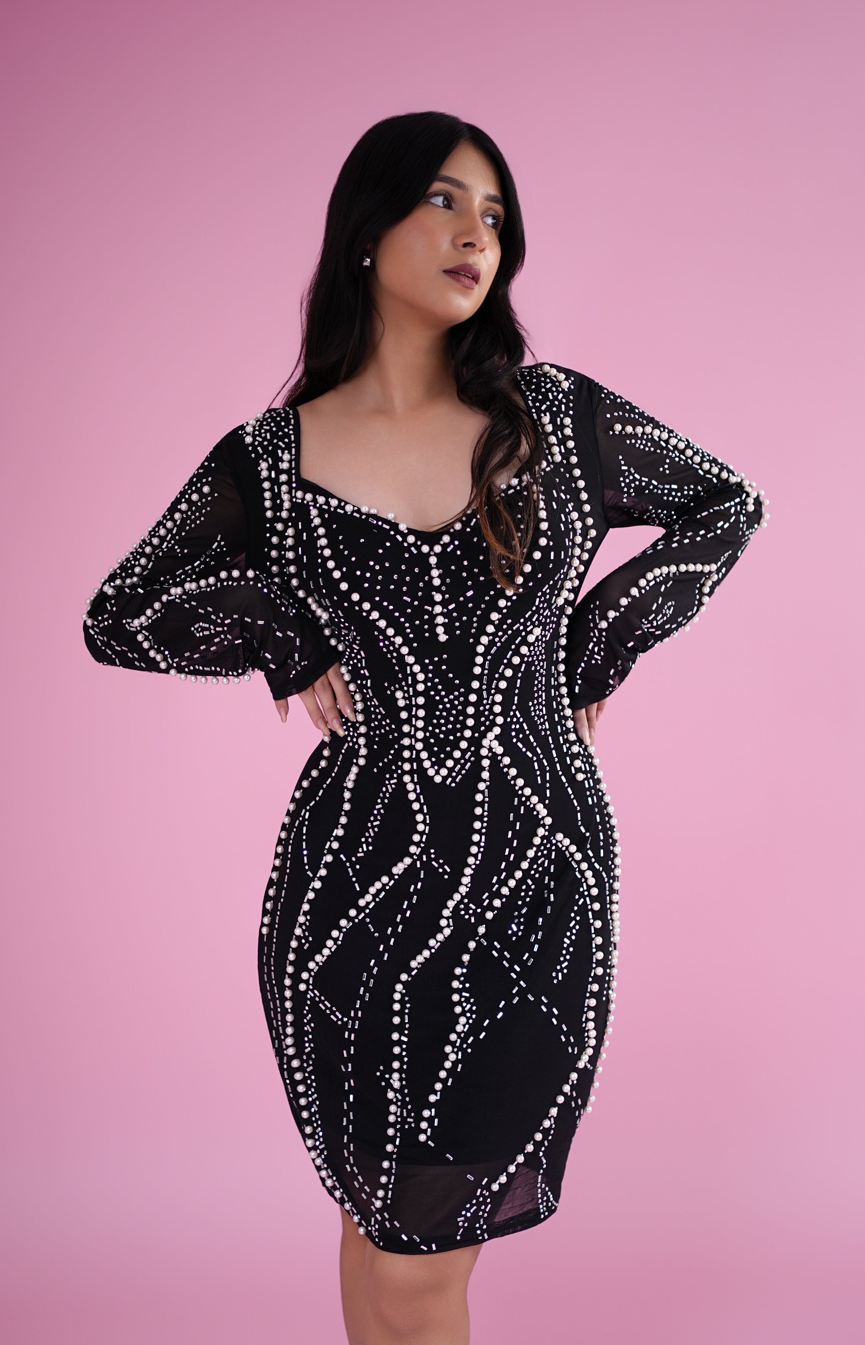 Black Pearl Embellished Party Bodycon Dress