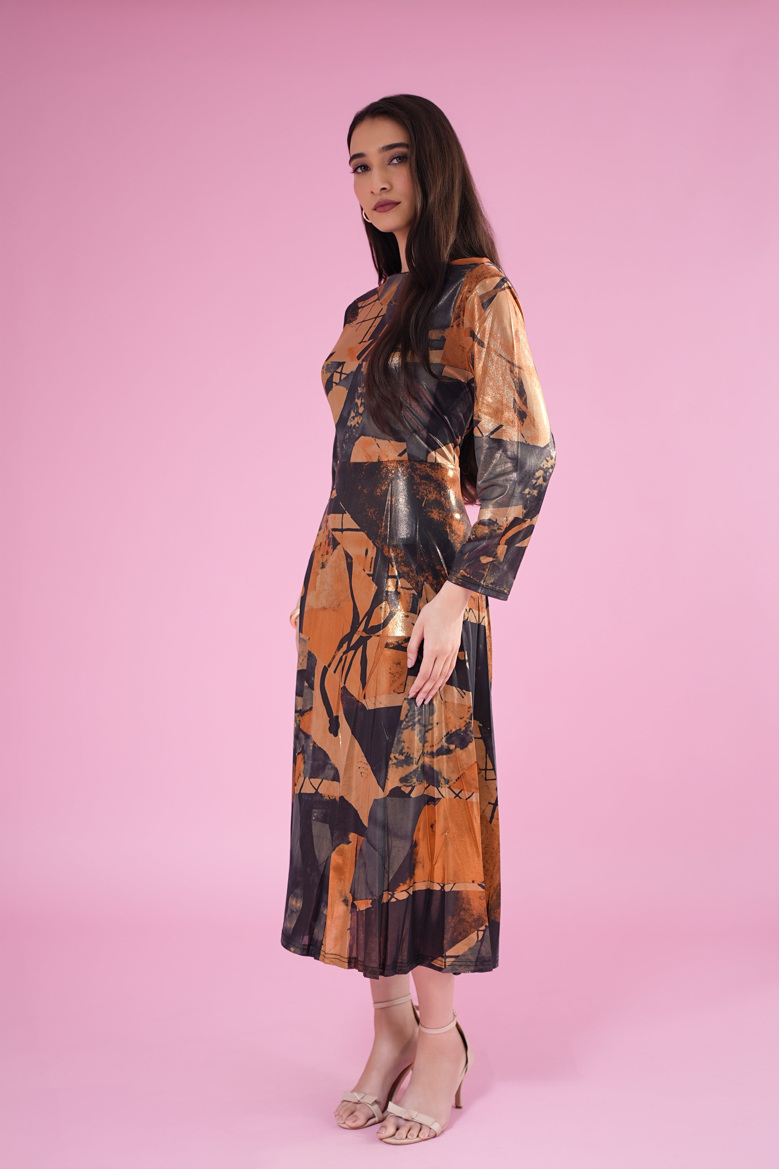 Rust Abstract Printed Premium Flared Midi Dress