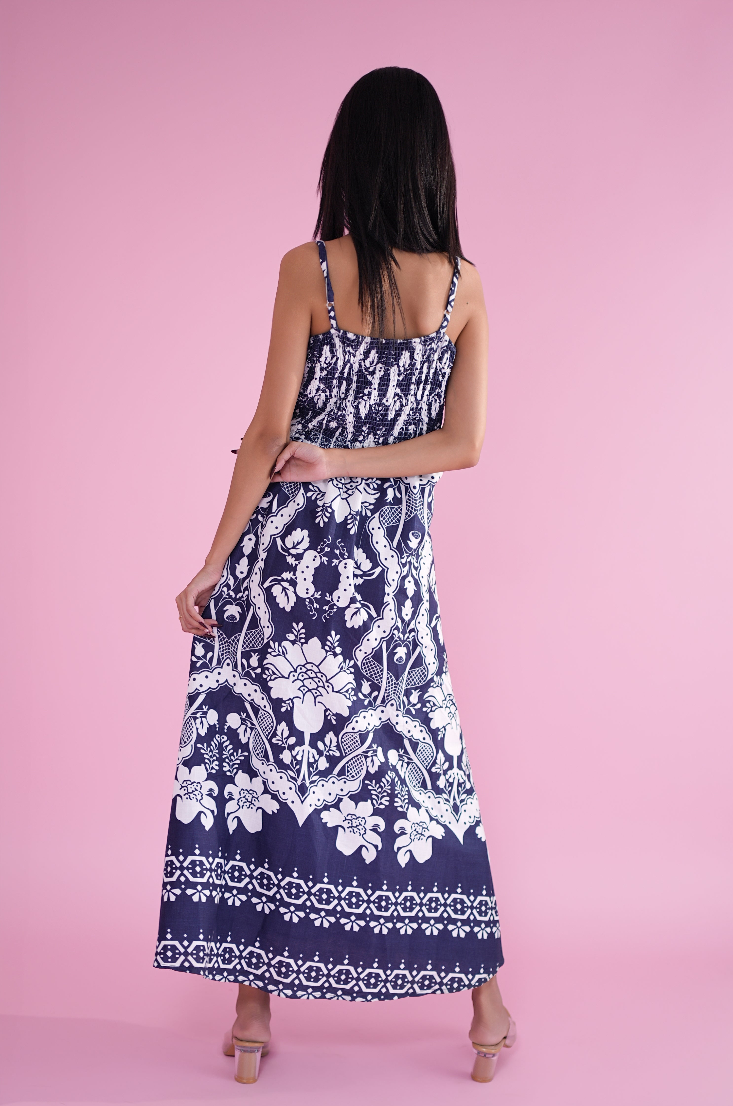 Navy & White Floral Smocked Maxi Dress