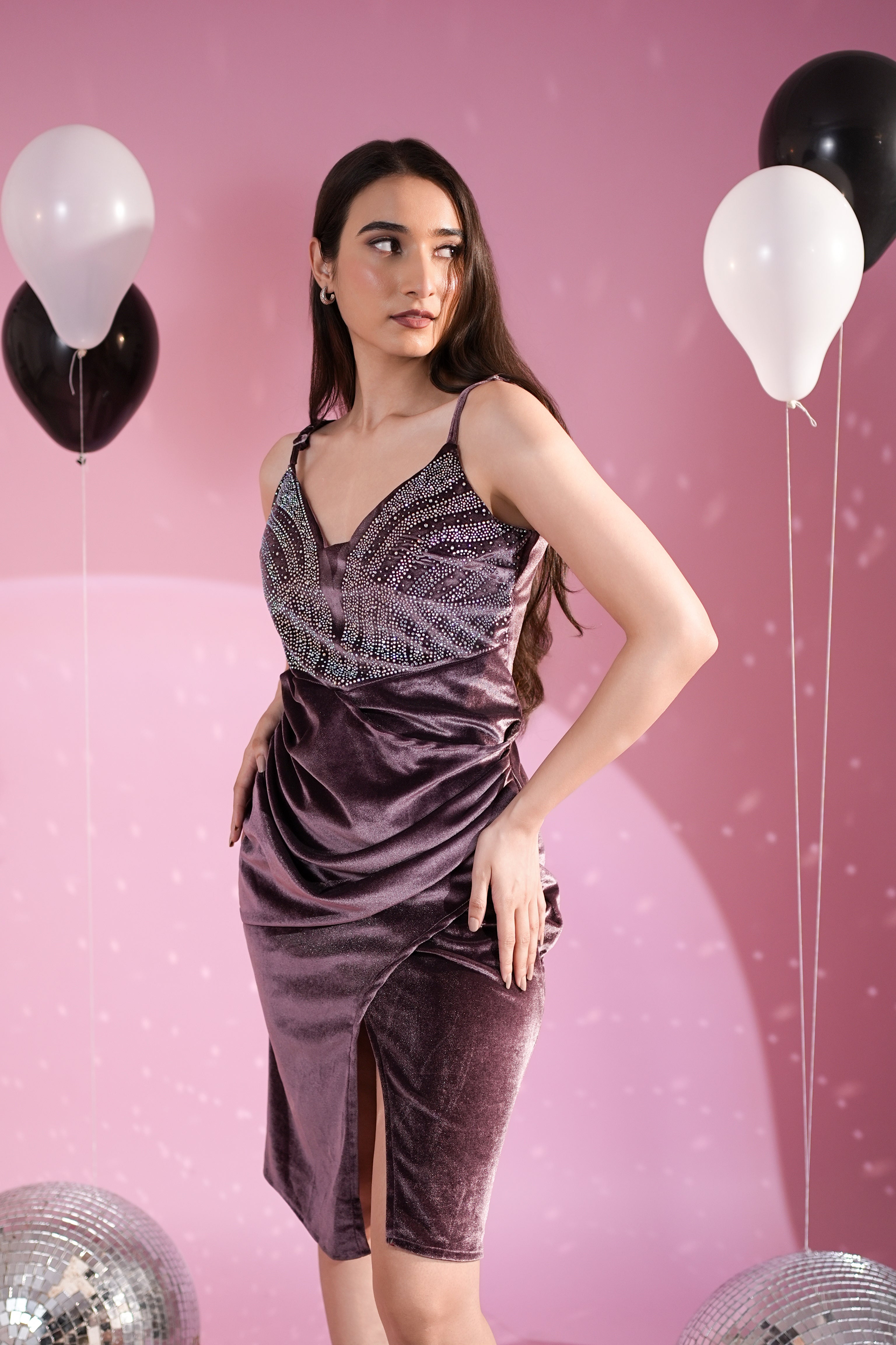 Velvet Glam Rhinestone Bodycon Dress (Purple)