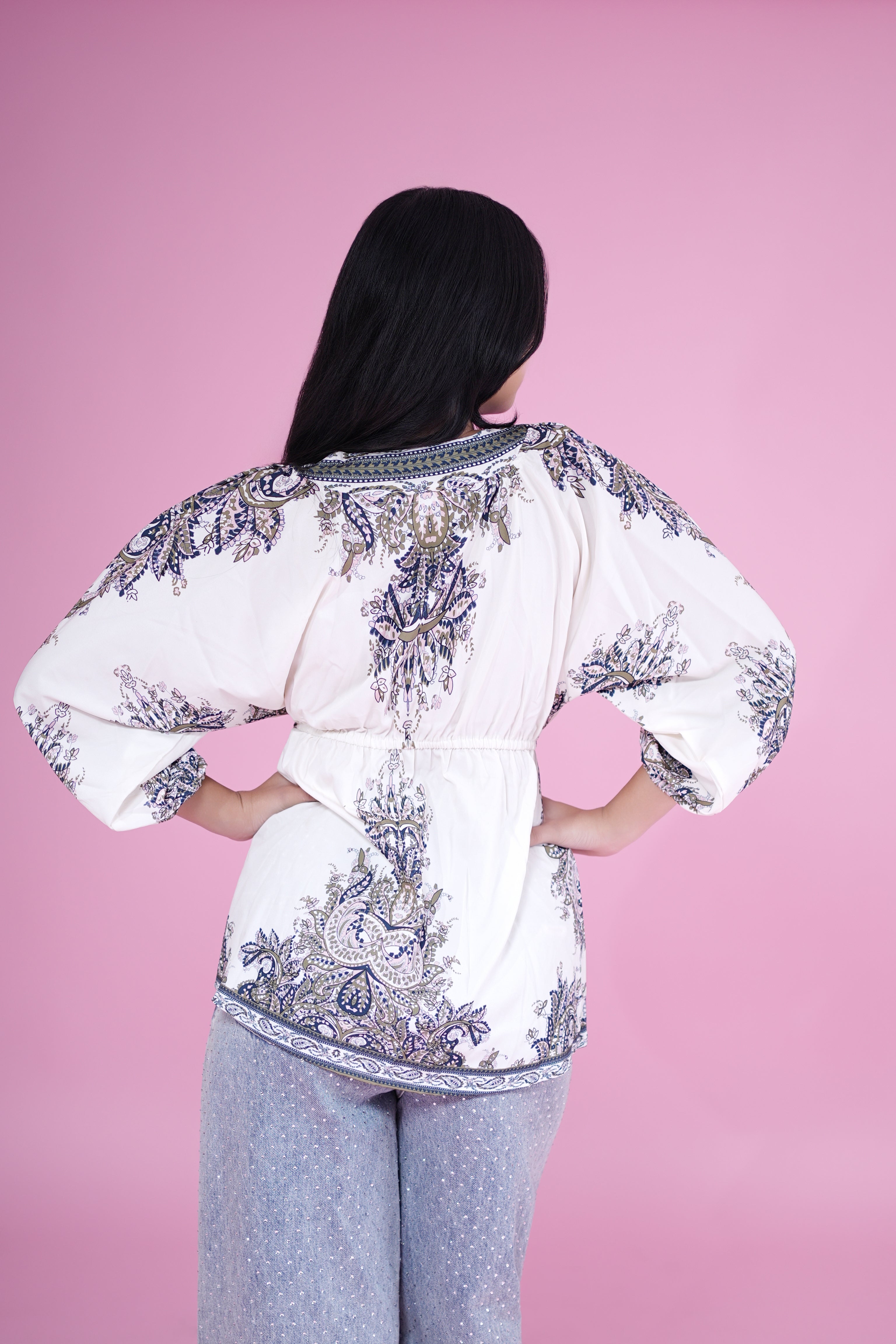 Boho Breeze Printed Peplum Top – White & Olive