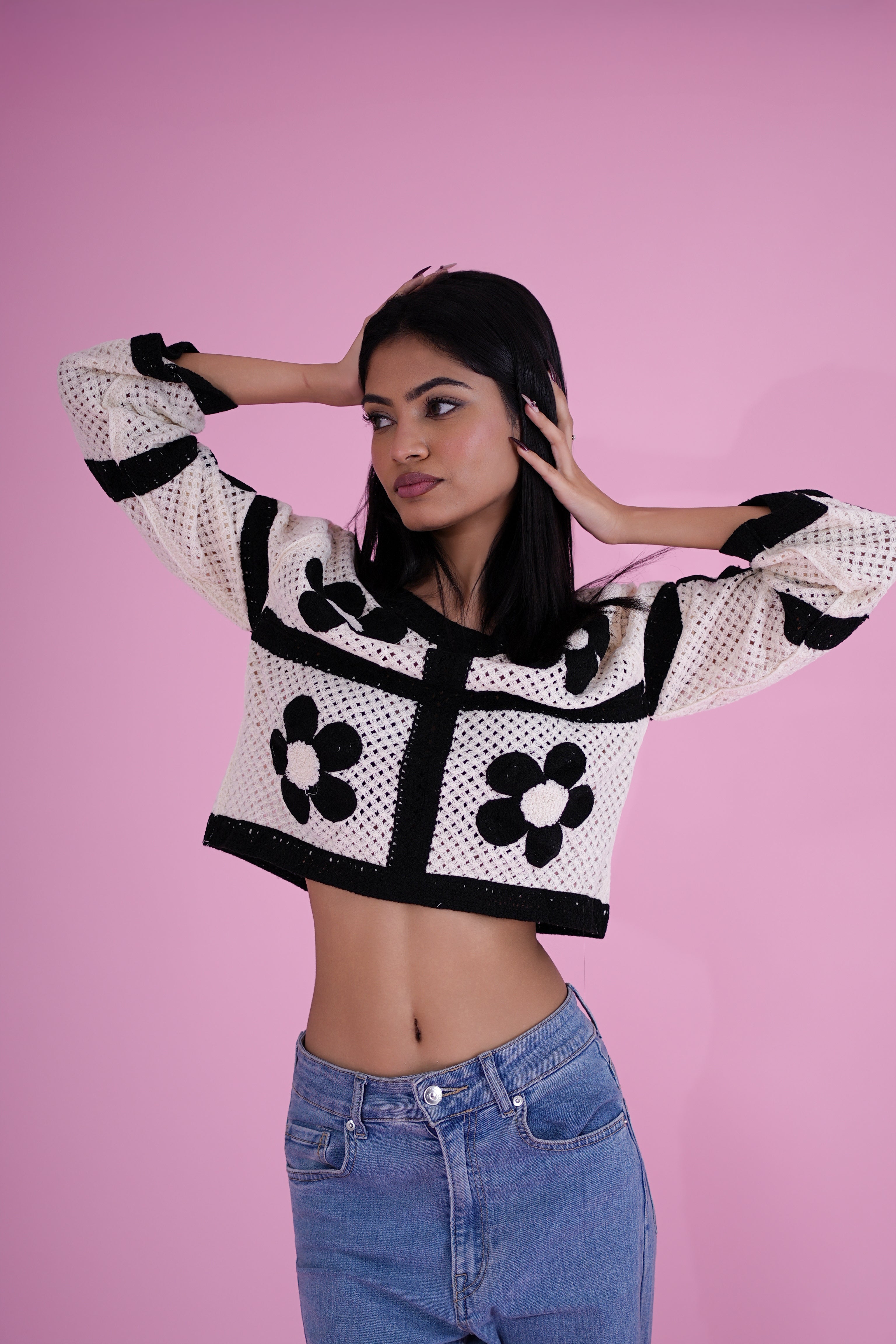 Monochrome Crochet Flower Top – Black & White