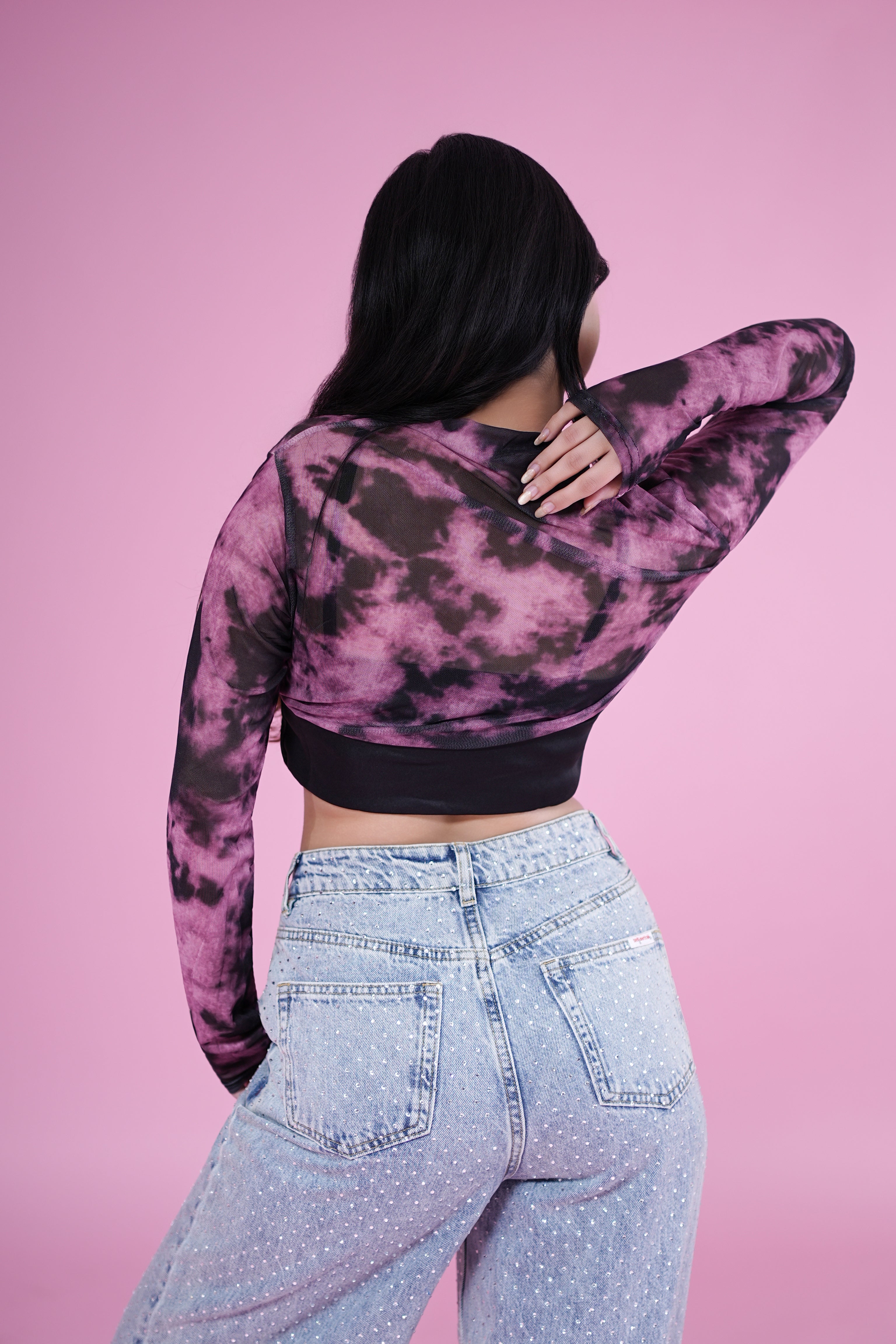 Galaxy Swirl Mesh Crop Top – Purple & Black