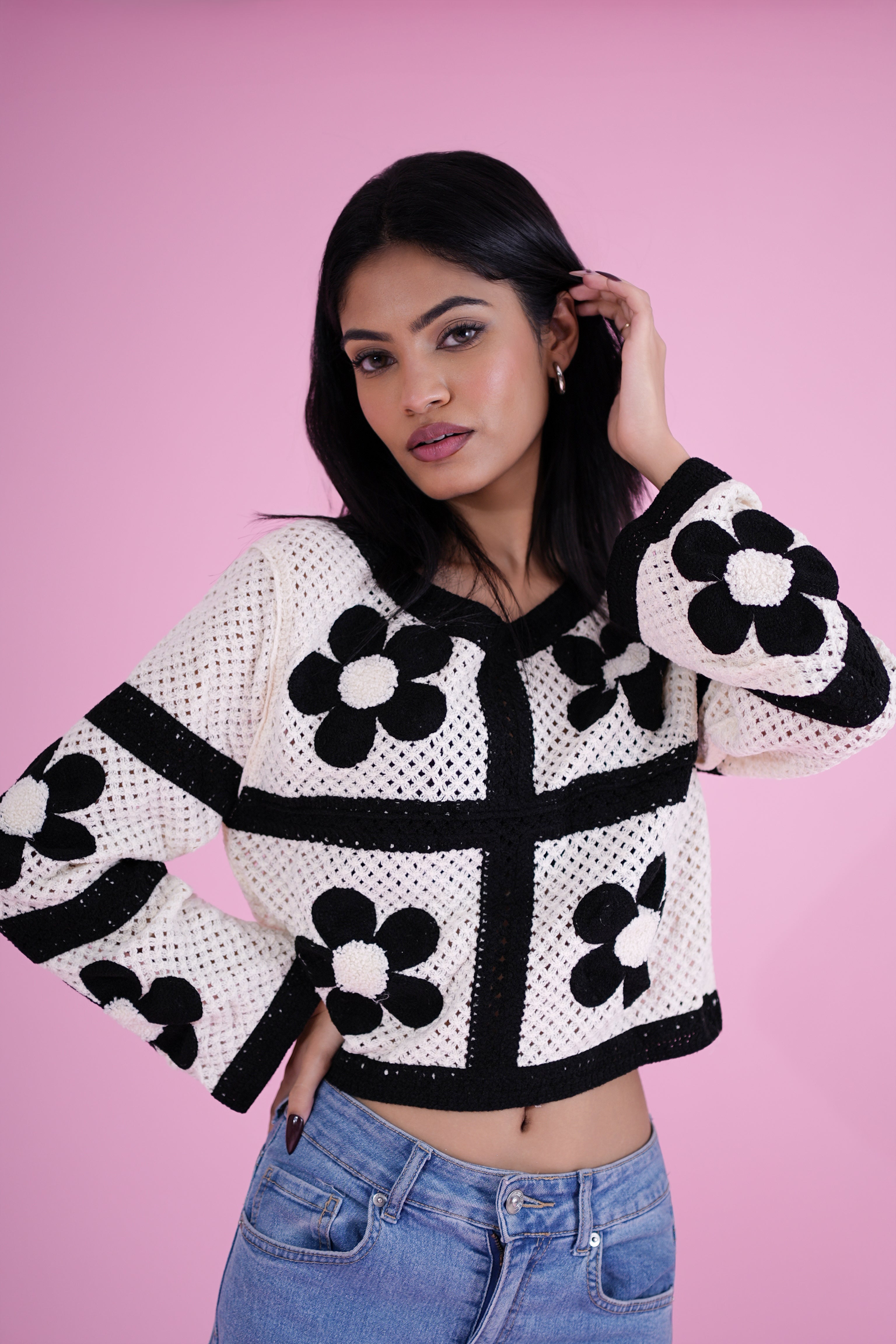 Monochrome Crochet Flower Top – Black & White