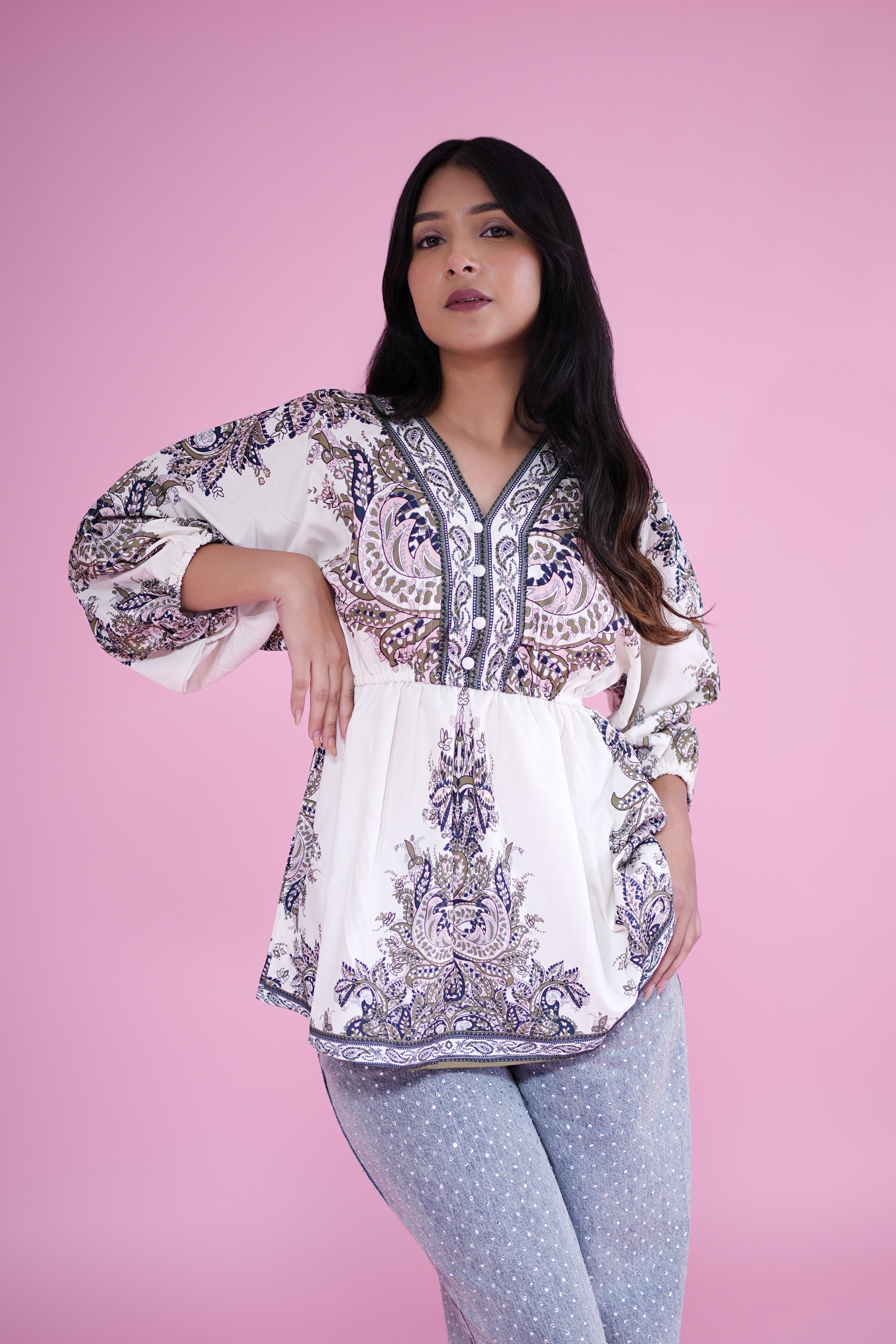 Boho Breeze Printed Peplum Top – White & Olive