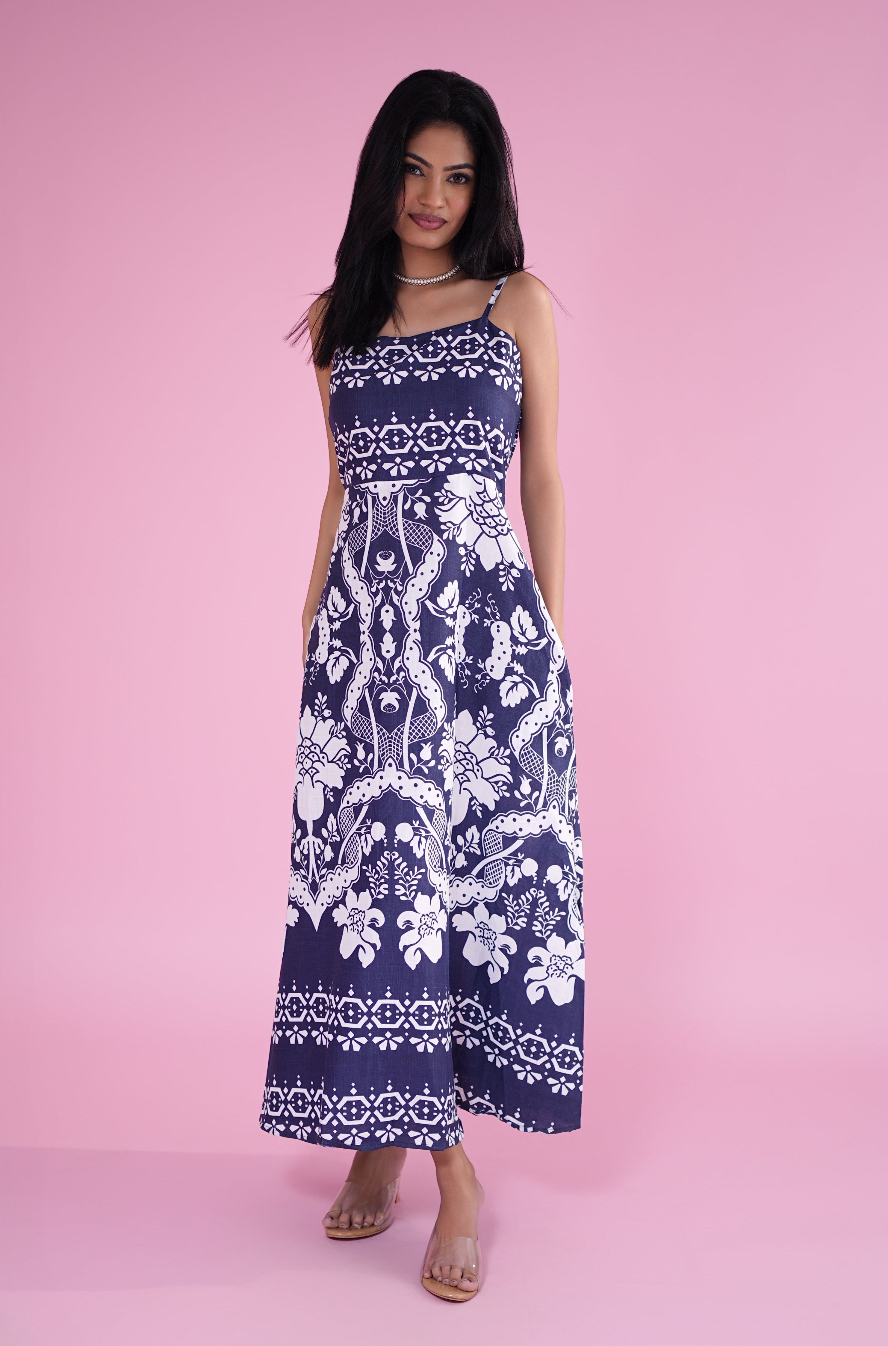 Navy & White Floral Smocked Maxi Dress