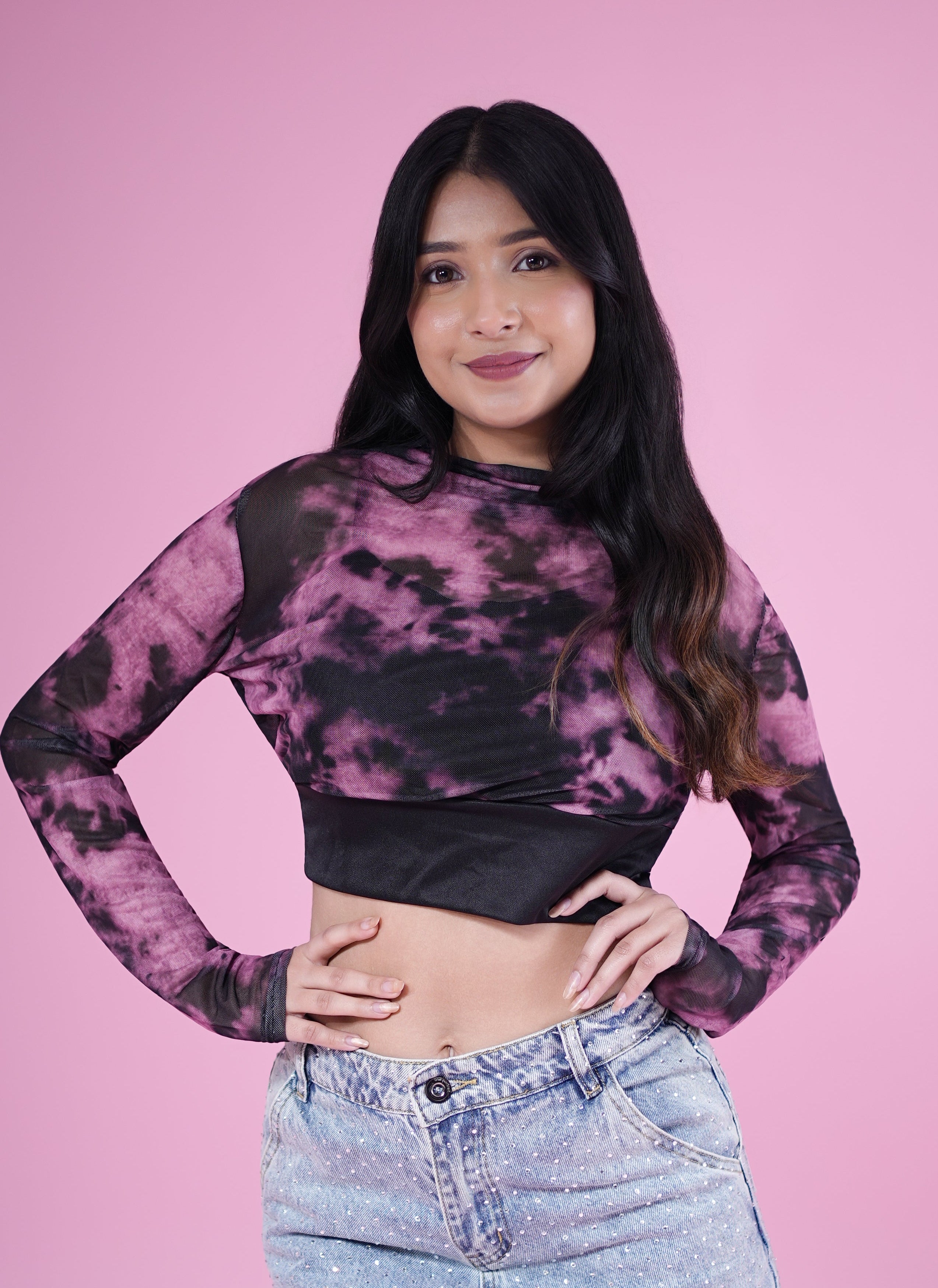 Galaxy Swirl Mesh Crop Top – Purple & Black
