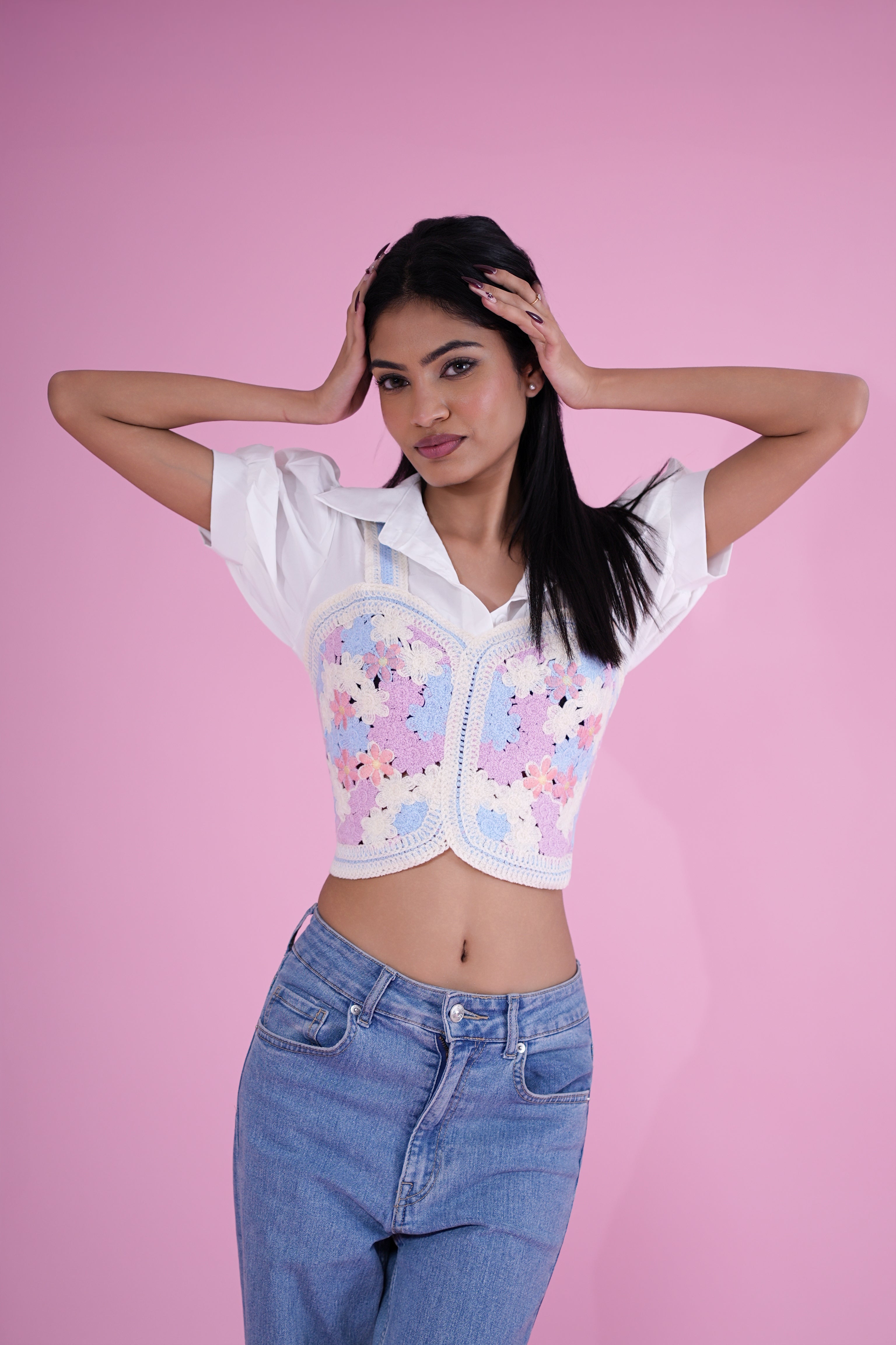 Pastel Bloom Crochet Corset Top – Multicolor