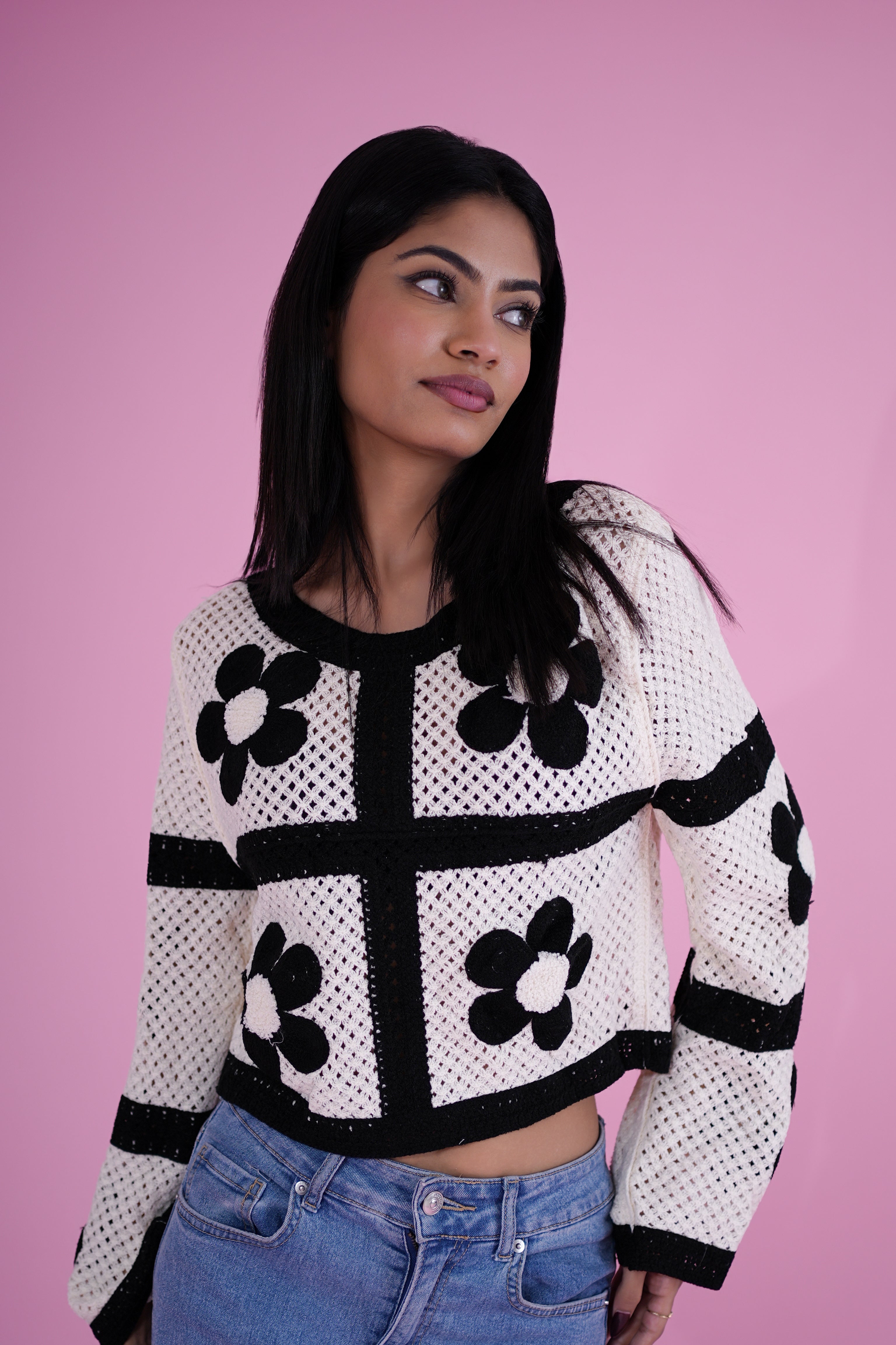Monochrome Crochet Flower Top – Black & White