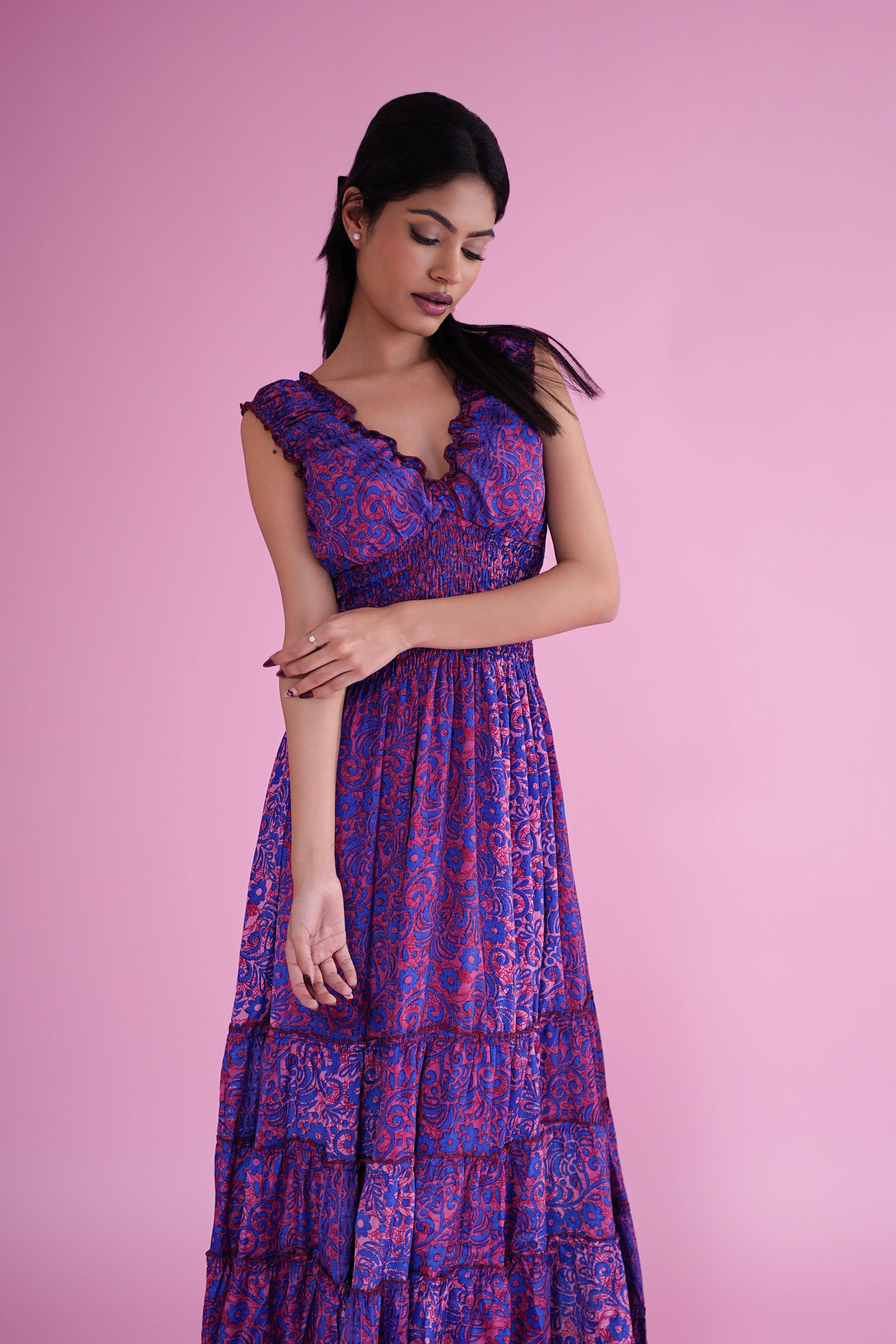 Purple & Pink Boho Printed Smocked Maxi Dress