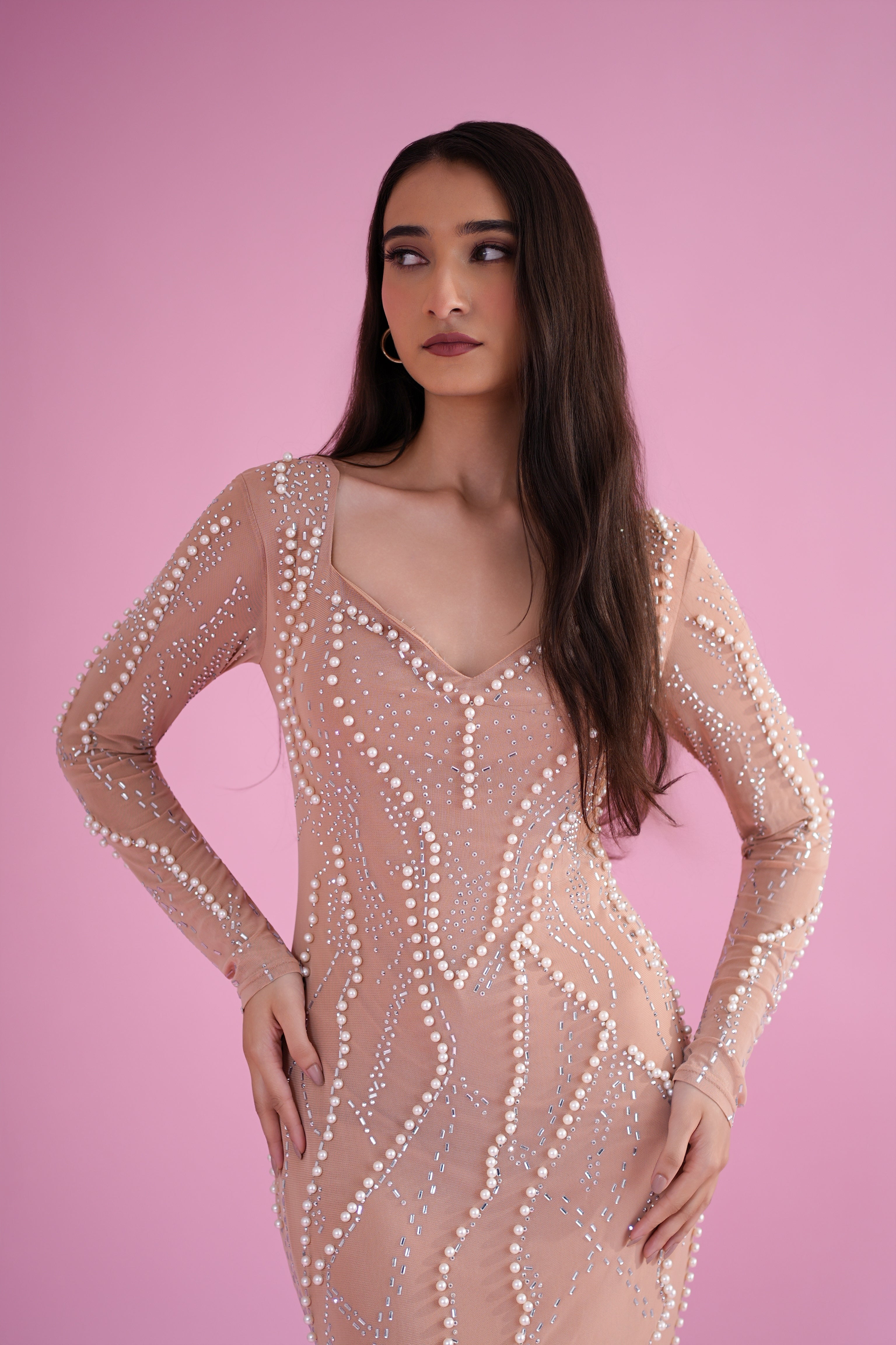 Nude Luxe Pearl Embellished Bodycon Dress