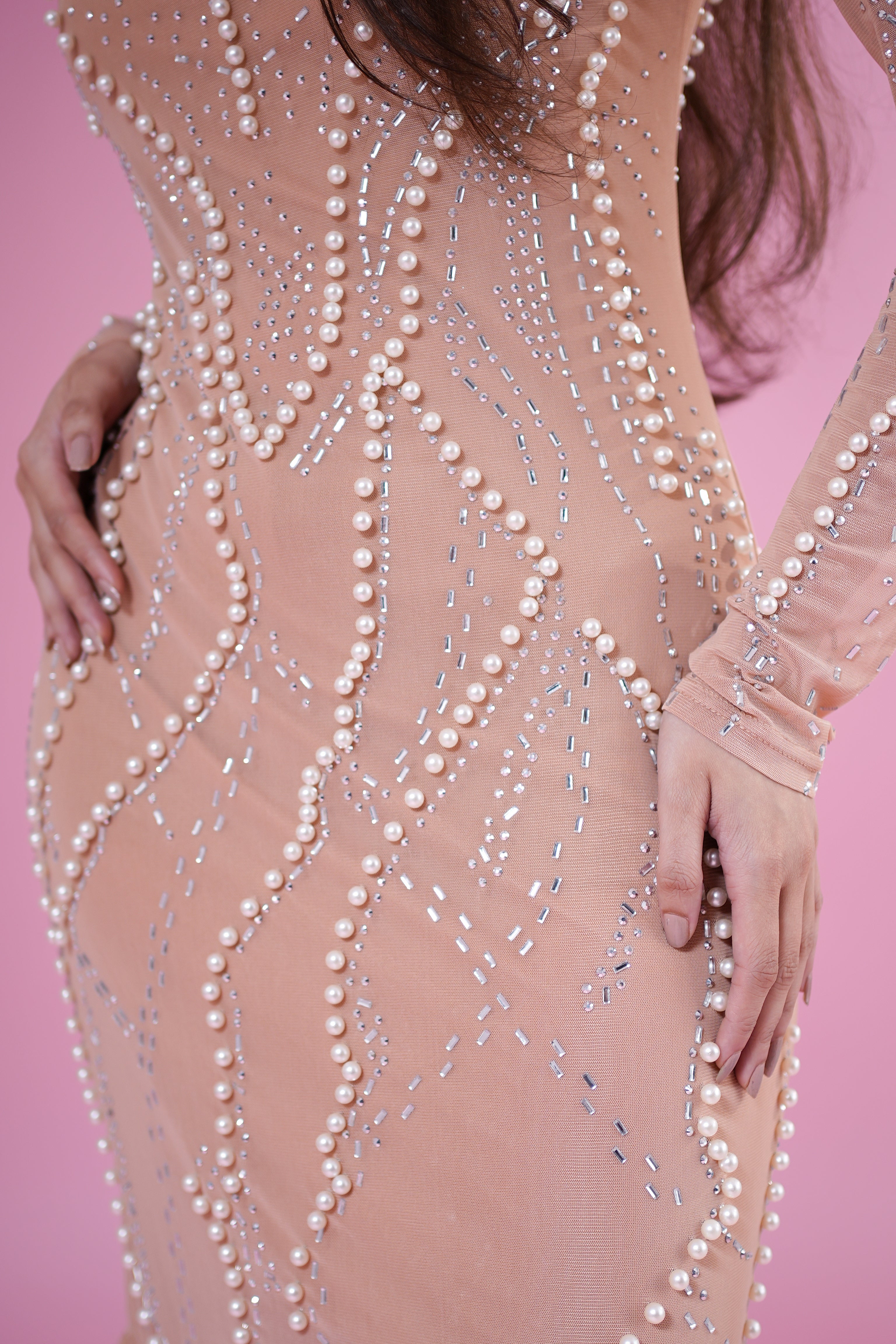 Nude Luxe Pearl Embellished Bodycon Dress