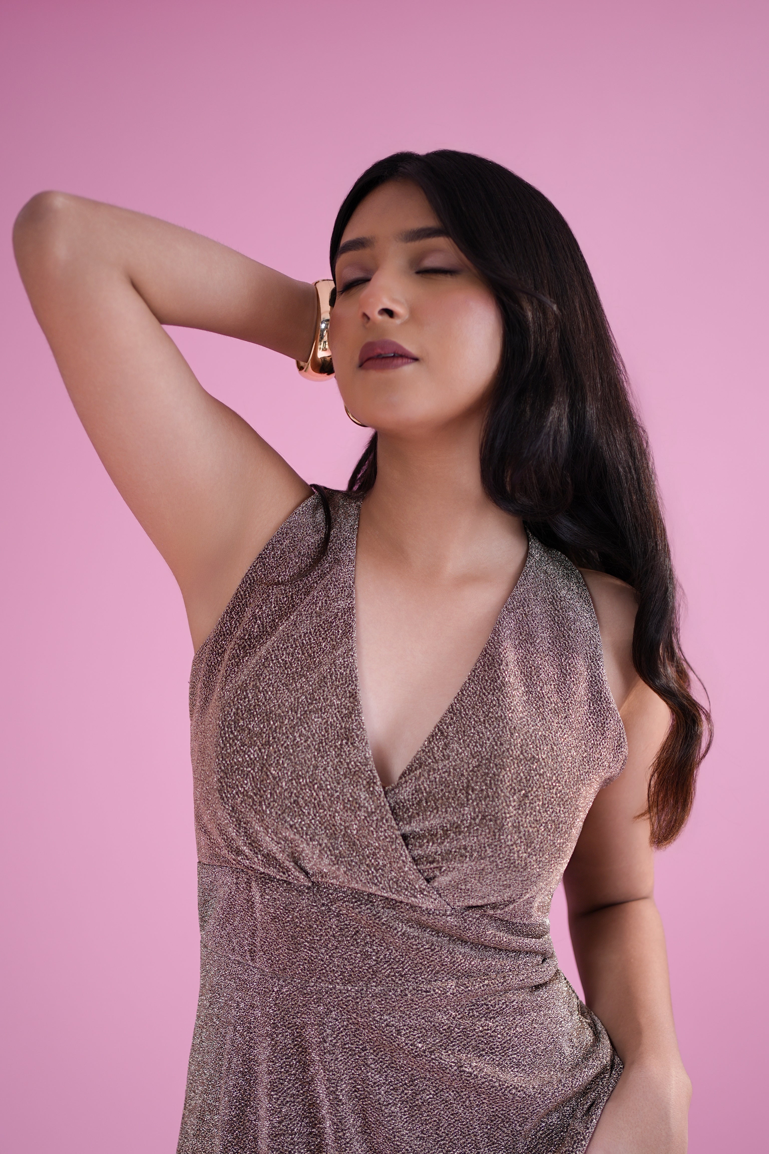 Shimmer Bronze Strappy Back Midi Dress