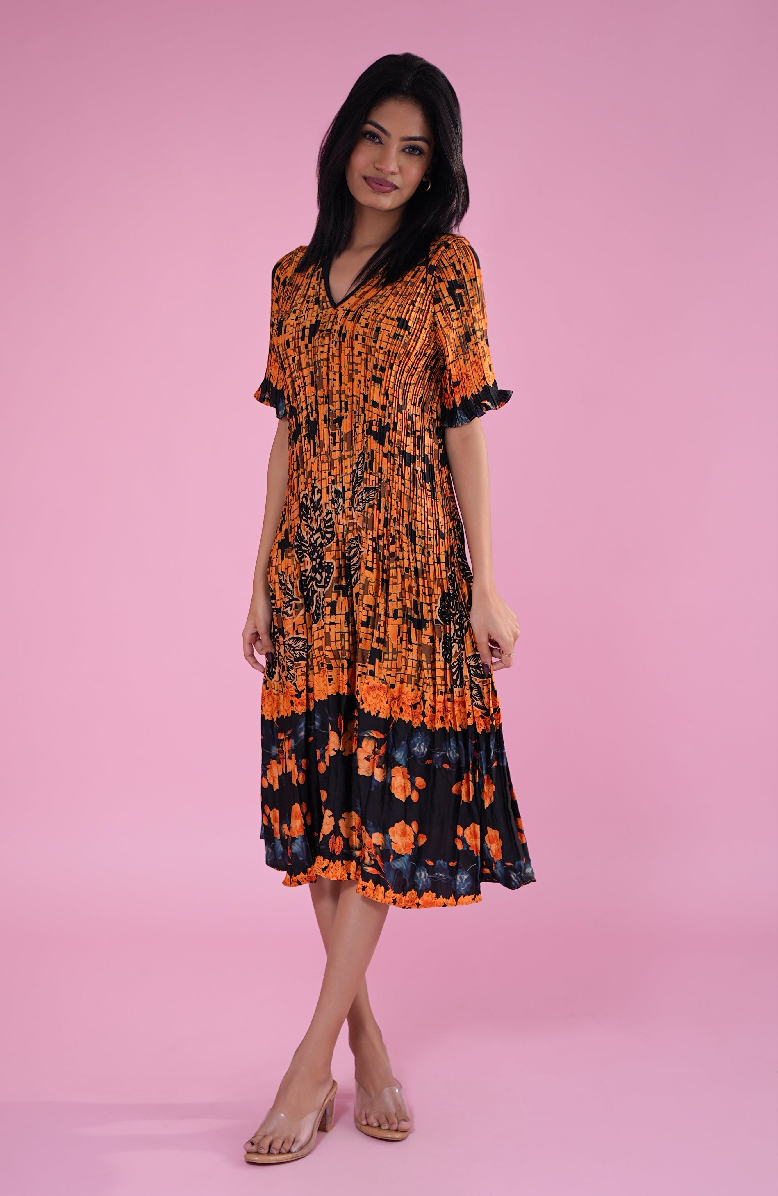 Sunset Mosaic Pleated Midi Dress