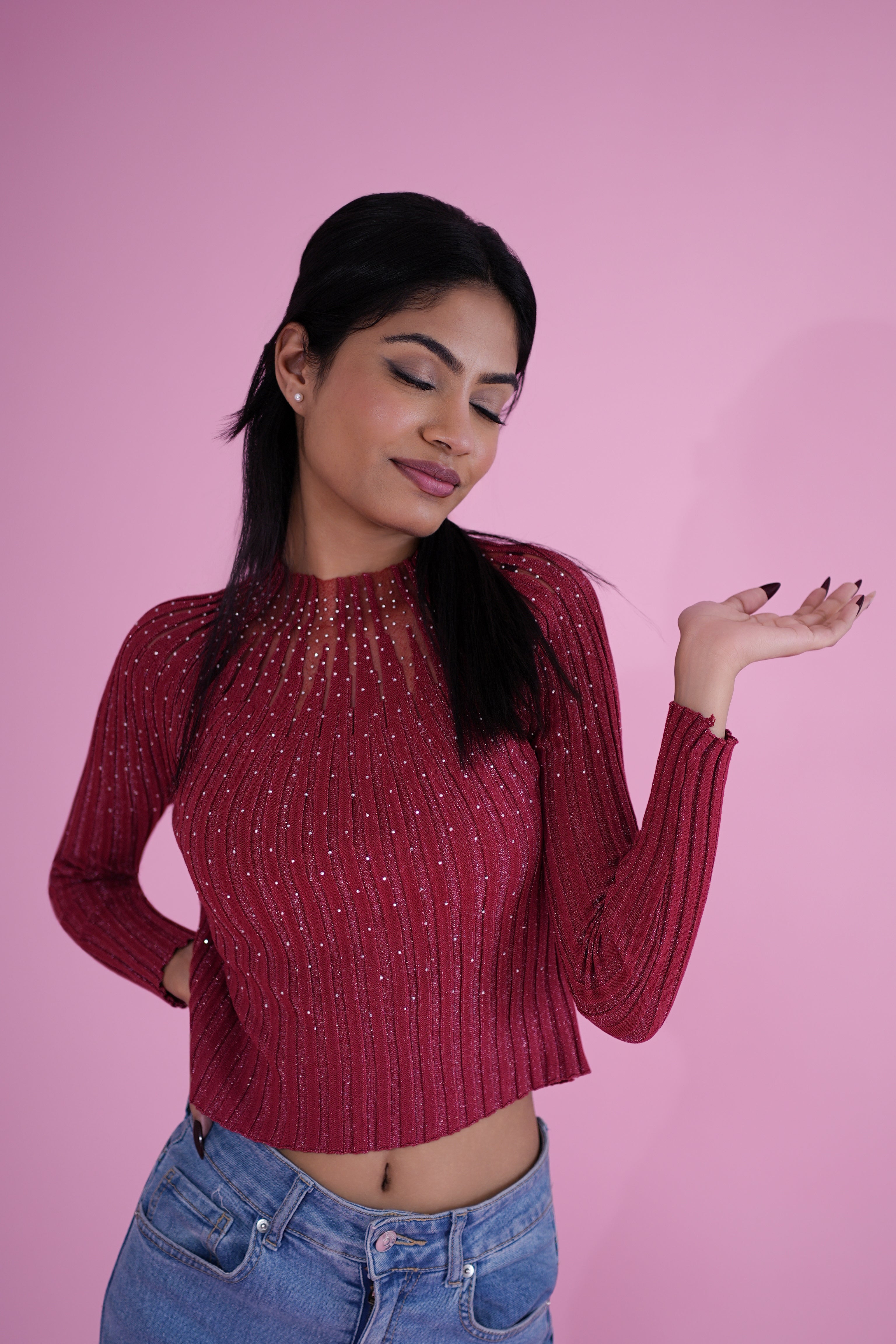 Ruby Shimmer Ribbed Knit Top – Maroon