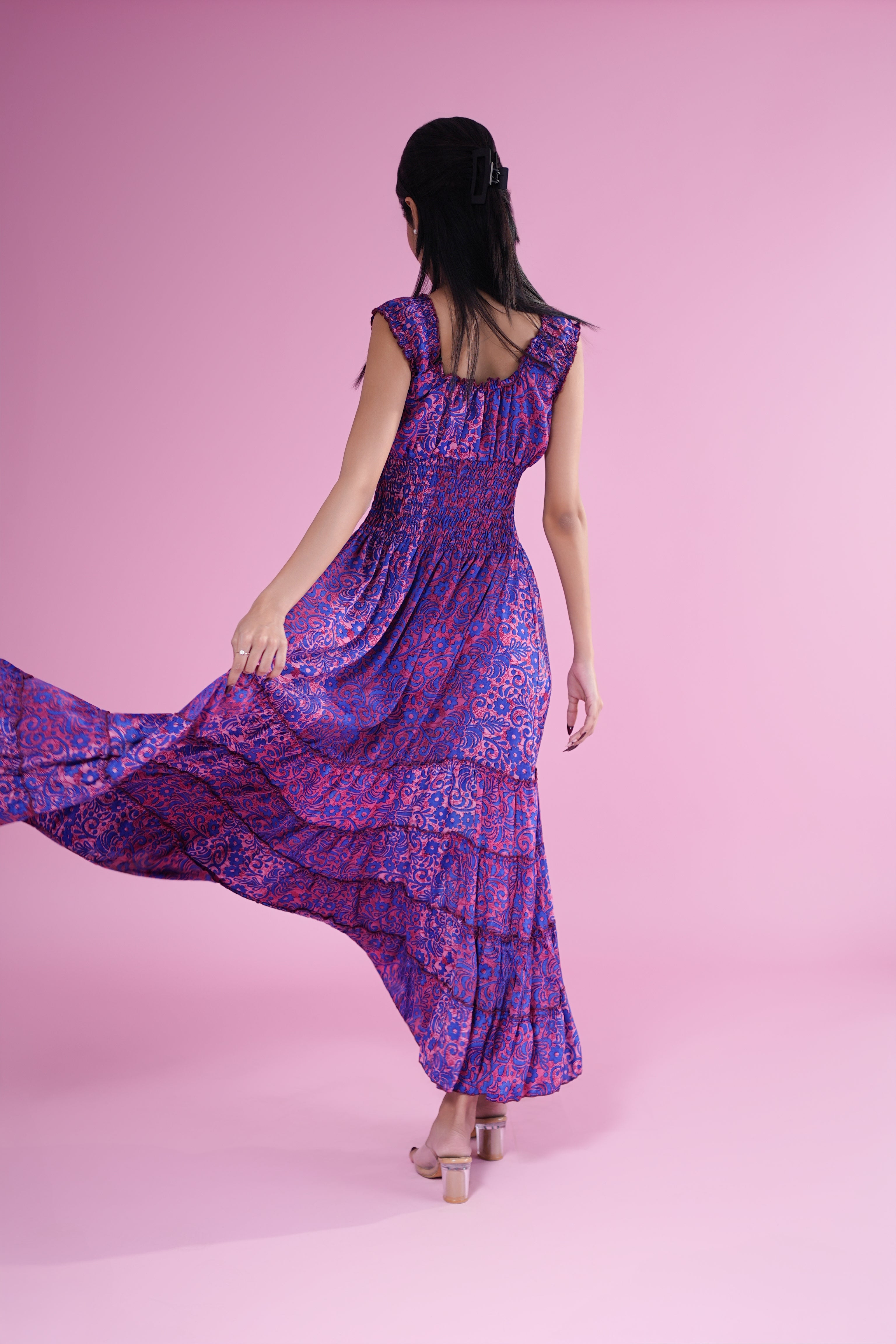 Purple & Pink Boho Printed Smocked Maxi Dress