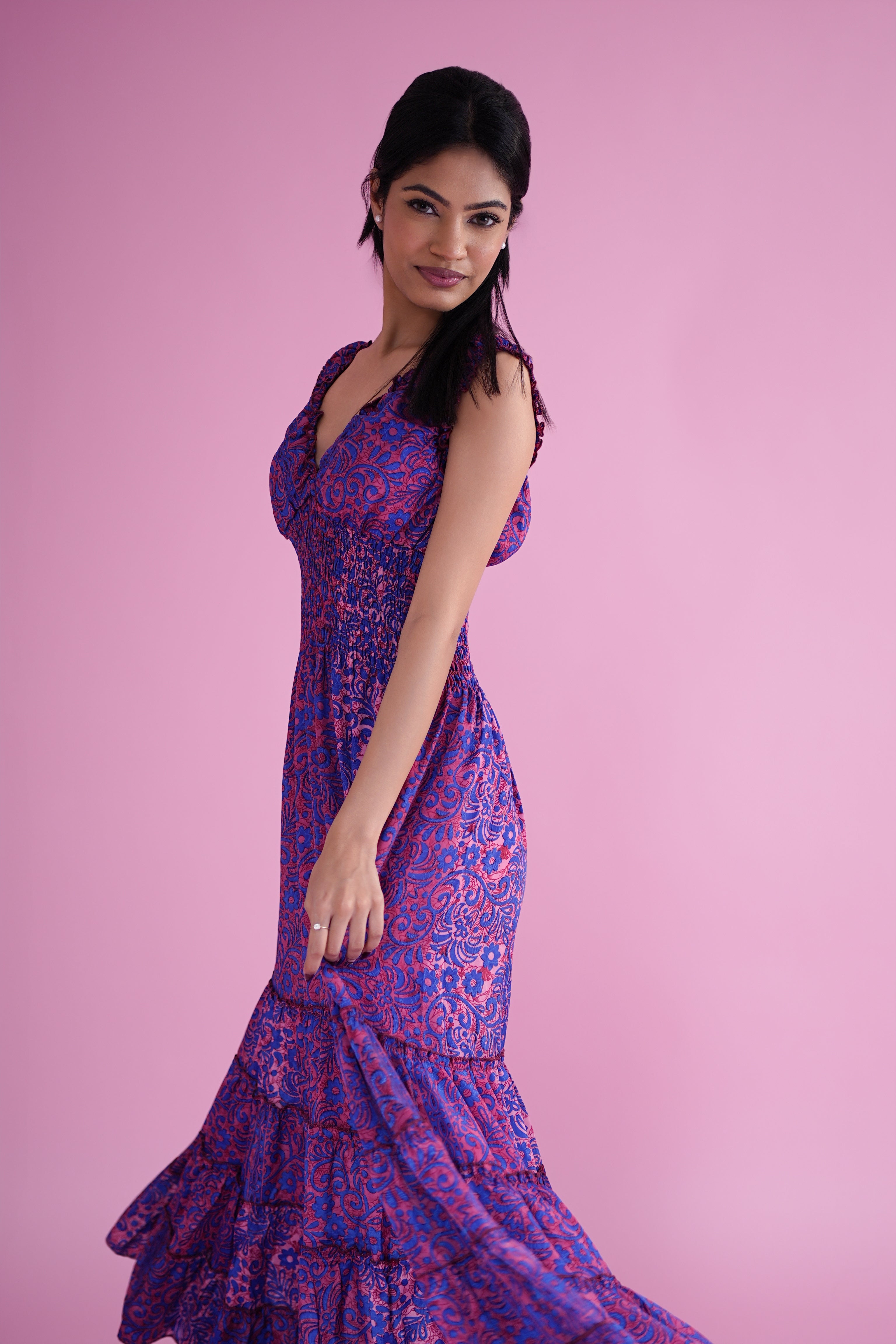 Purple & Pink Boho Printed Smocked Maxi Dress