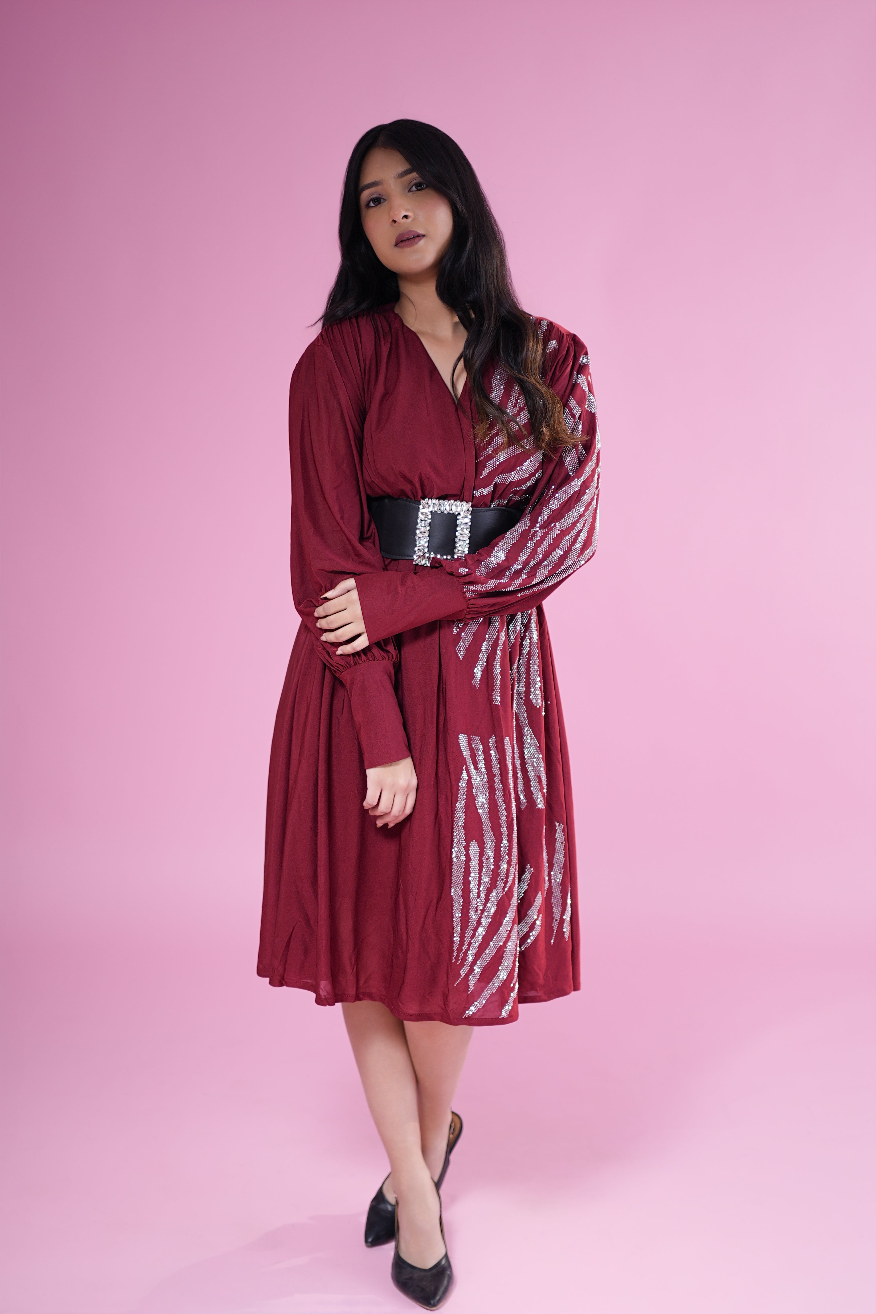Maroon Embellished One-Sleeve Midi Dress with Belt
