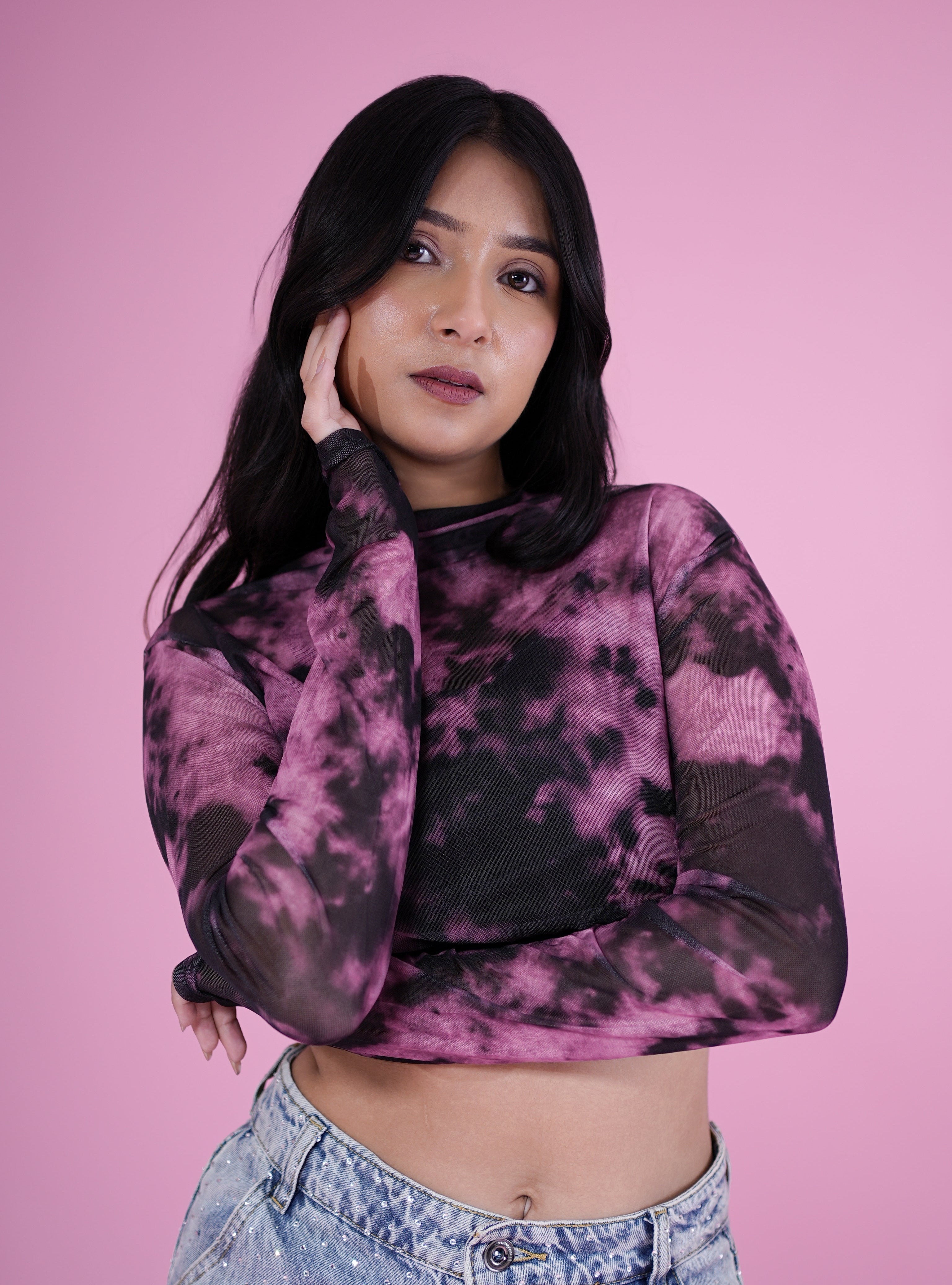 Galaxy Swirl Mesh Crop Top – Purple & Black