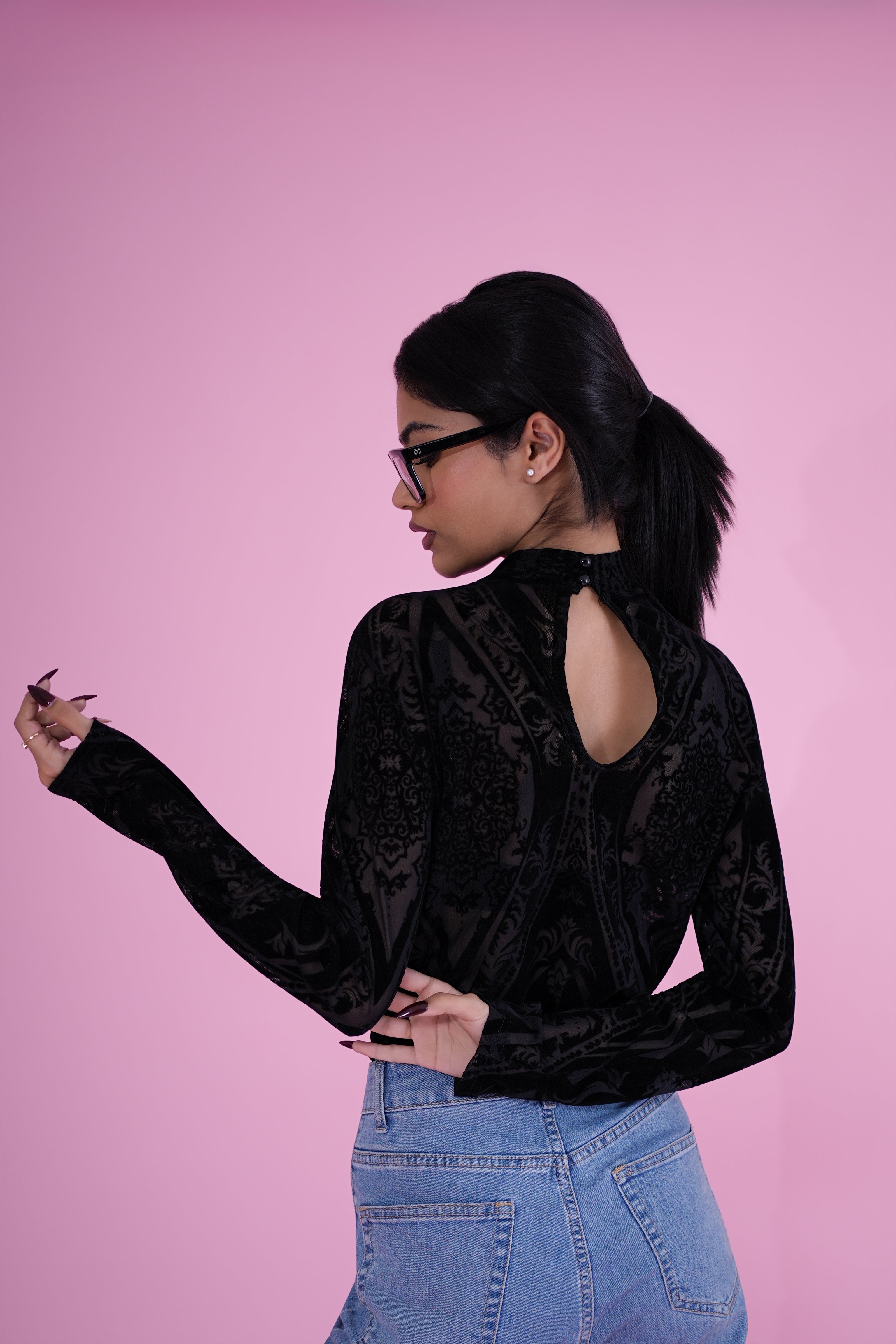 Midnight Velvet Mesh Top – Black