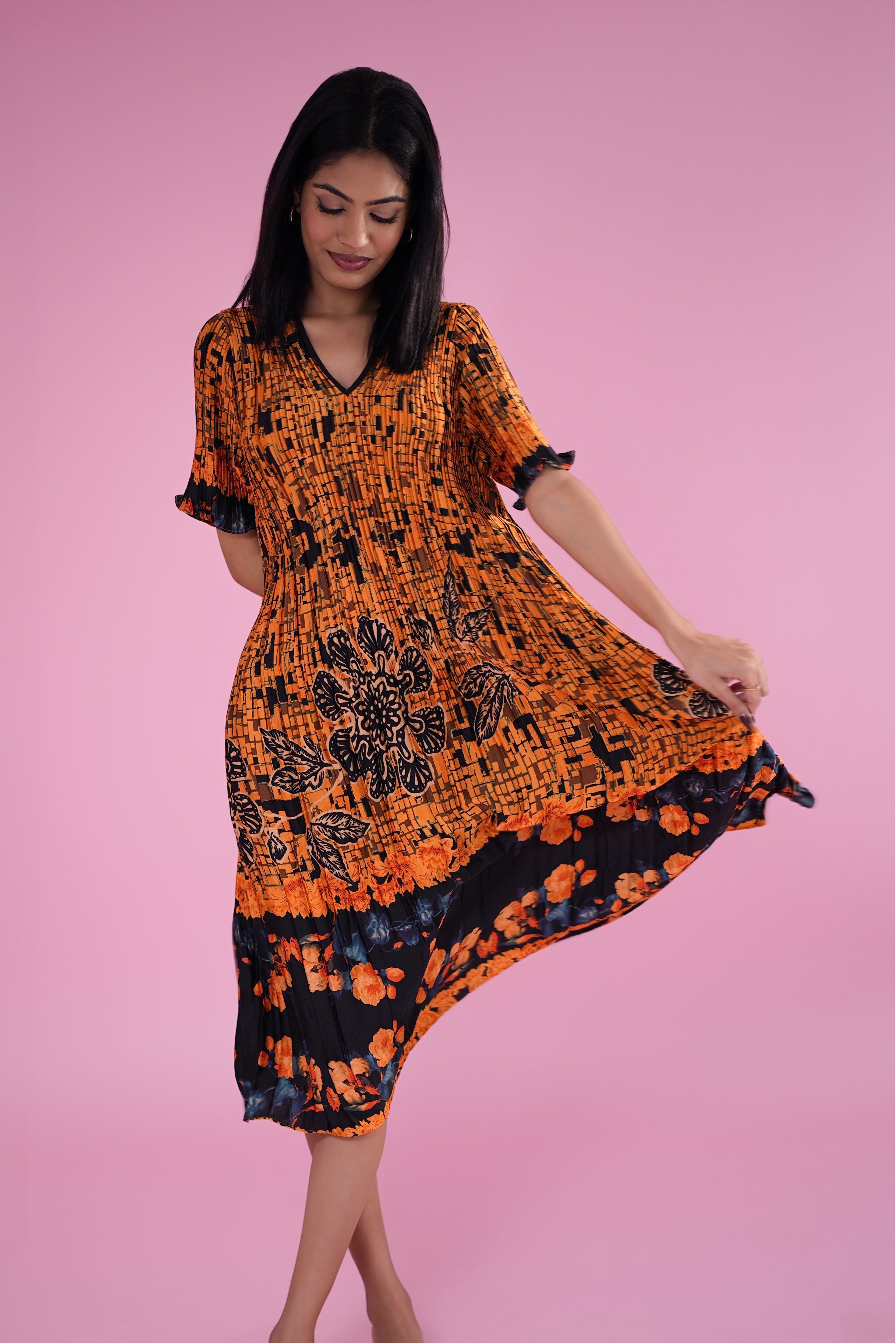 Sunset Mosaic Pleated Midi Dress