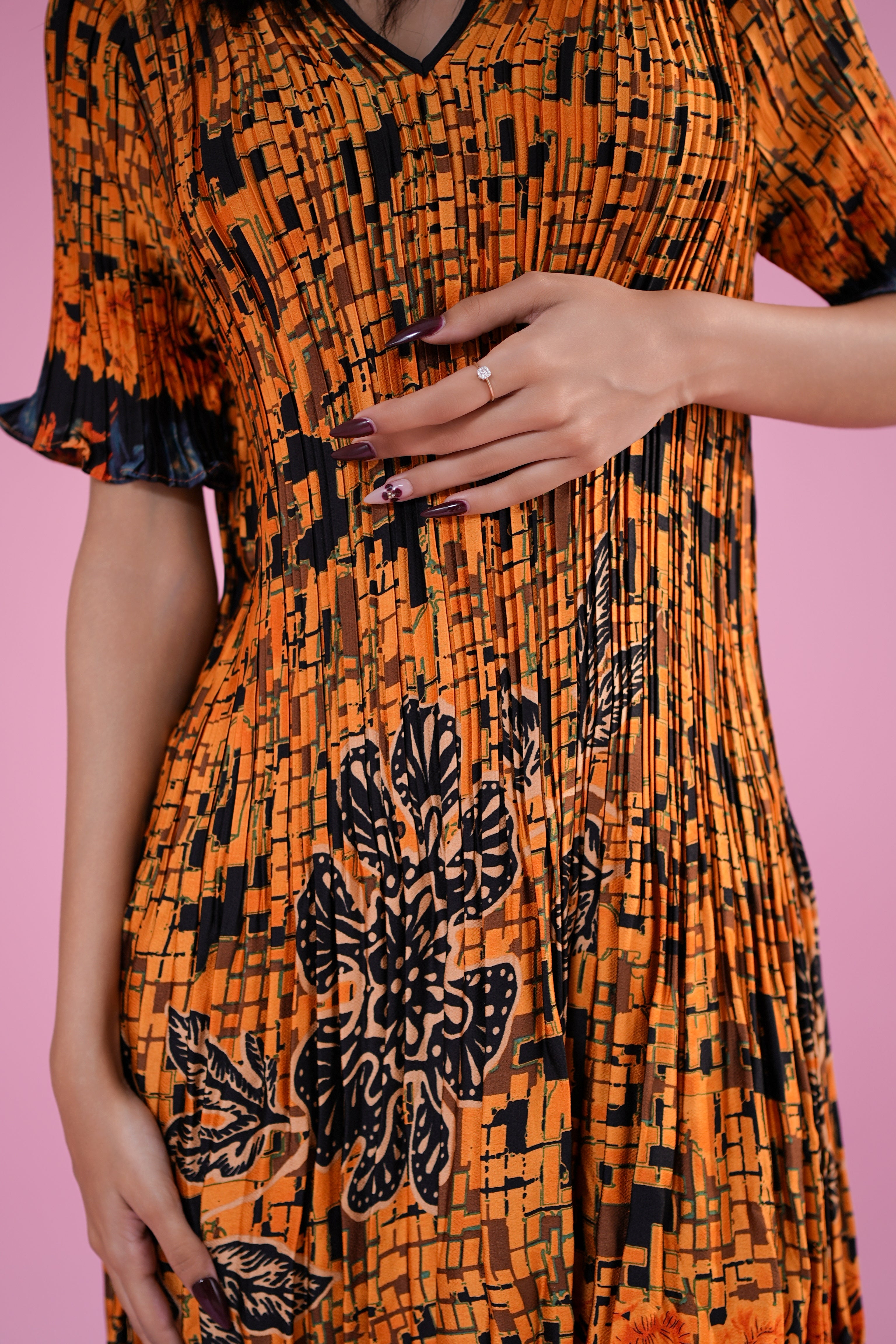 Sunset Mosaic Pleated Midi Dress