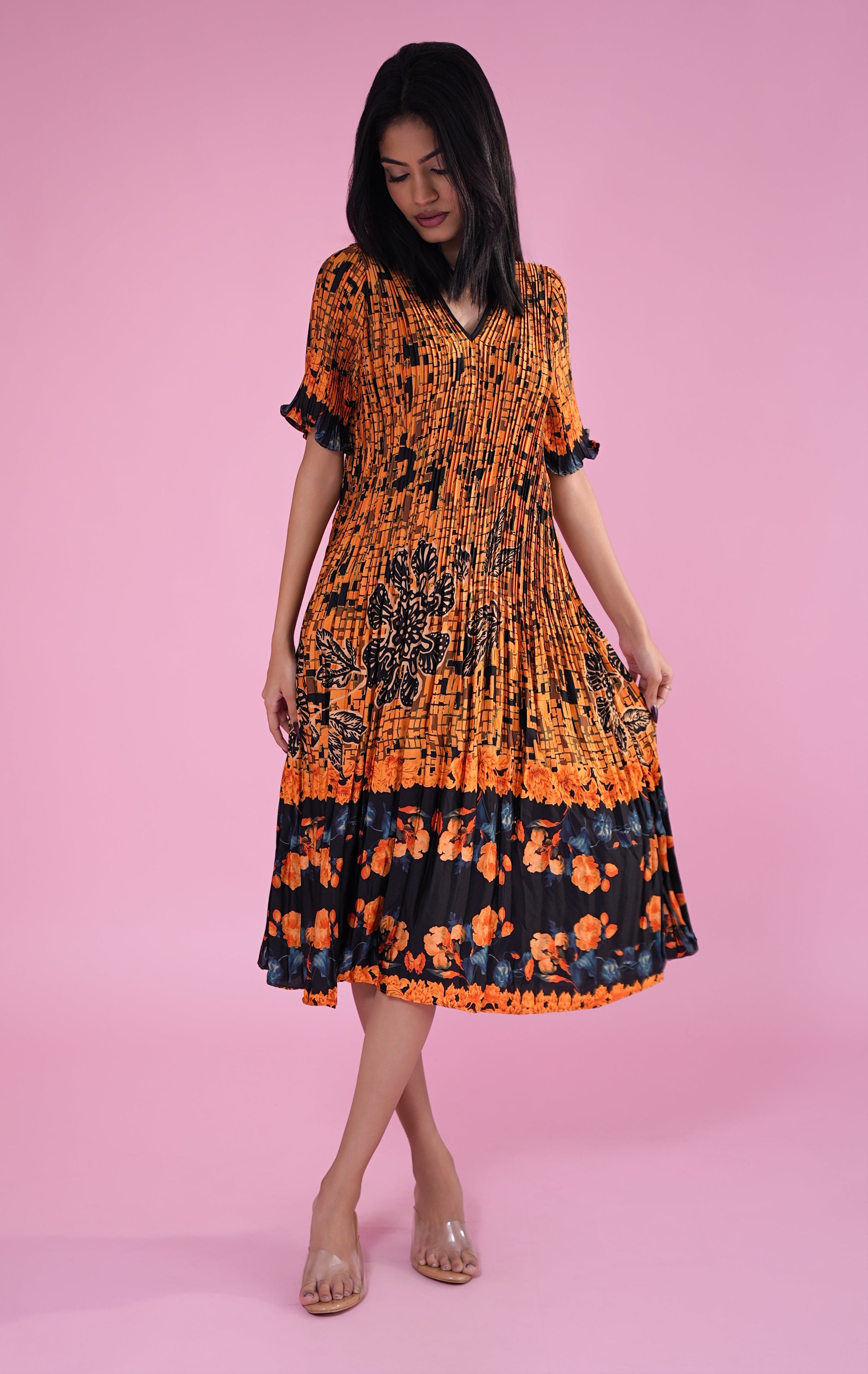 Sunset Mosaic Pleated Midi Dress