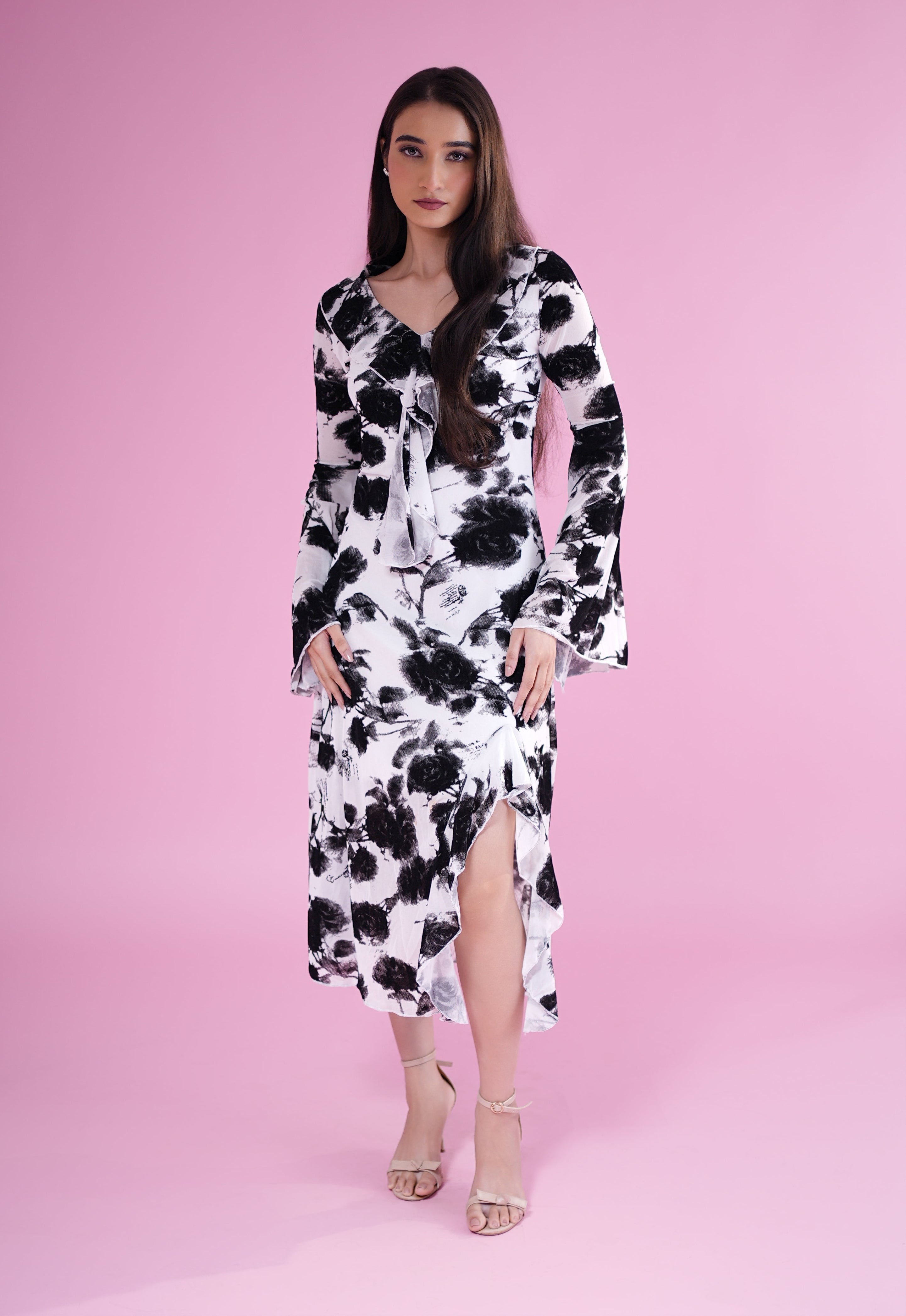 Monochrome Bloom Ruffle Midi Dress